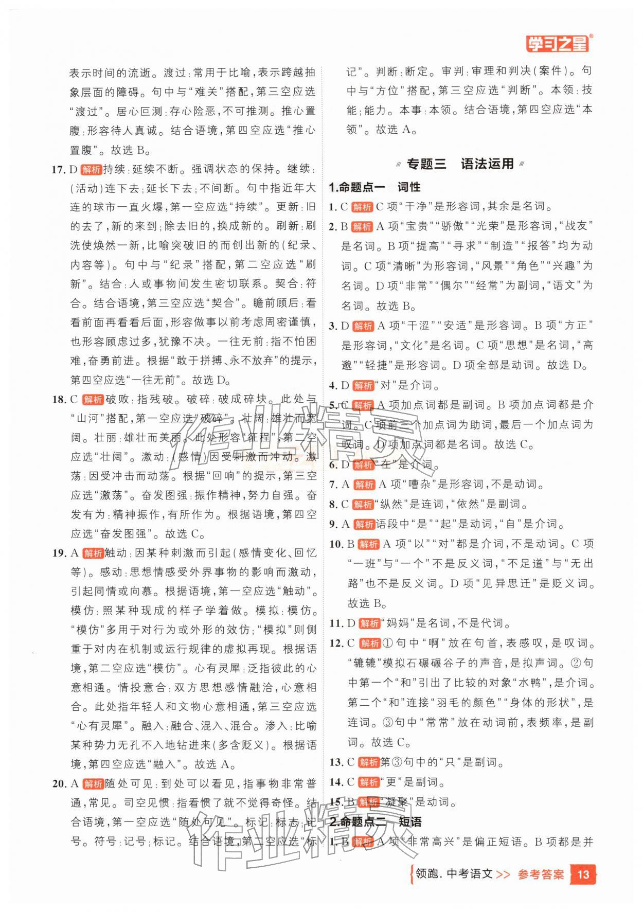 25年领跑中考语文一轮总复习辽宁专版&nbsp;参考答案第13页