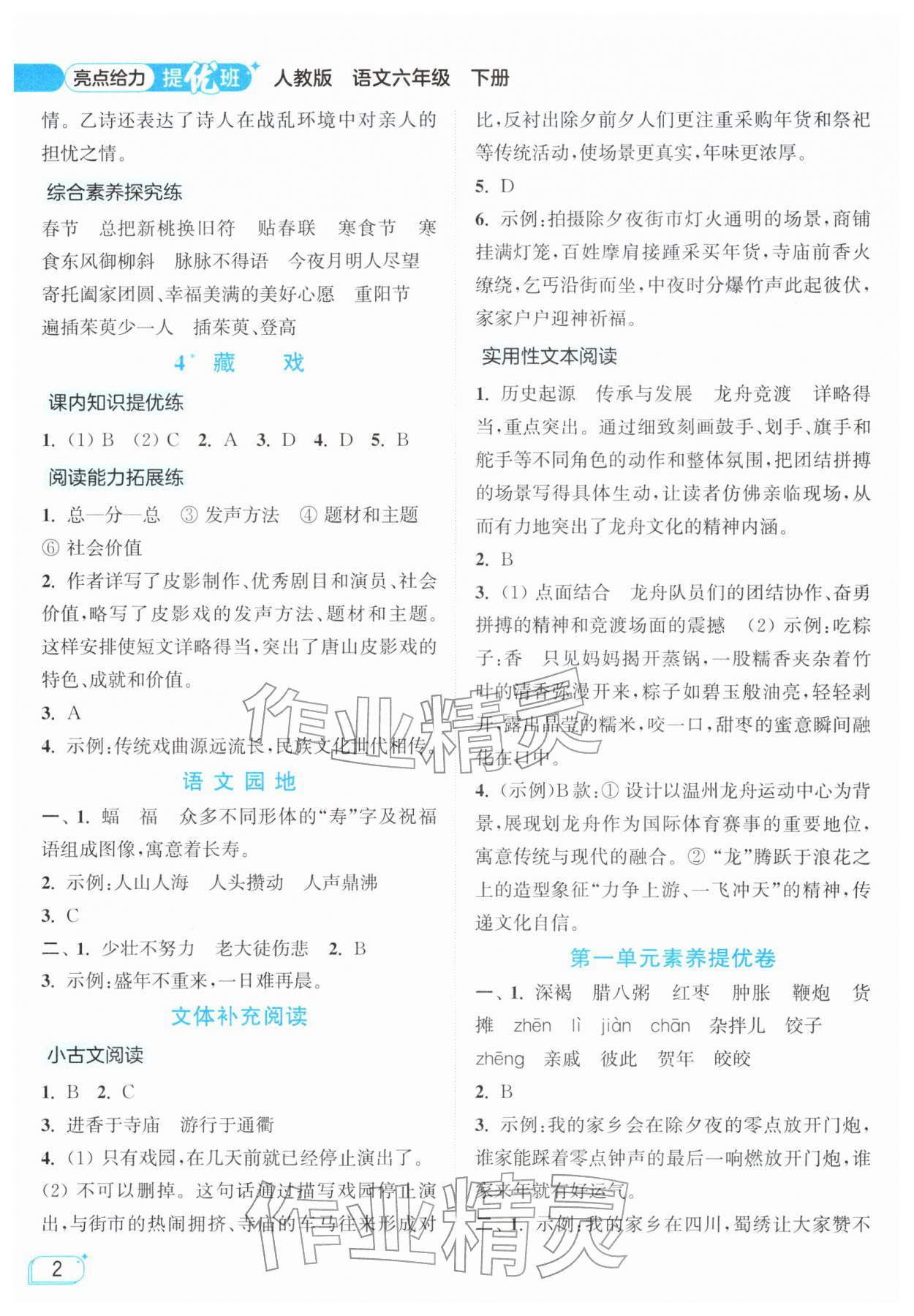 2026年亮点给力提优班六年级语文下册人教版&nbsp;参考答案第2页