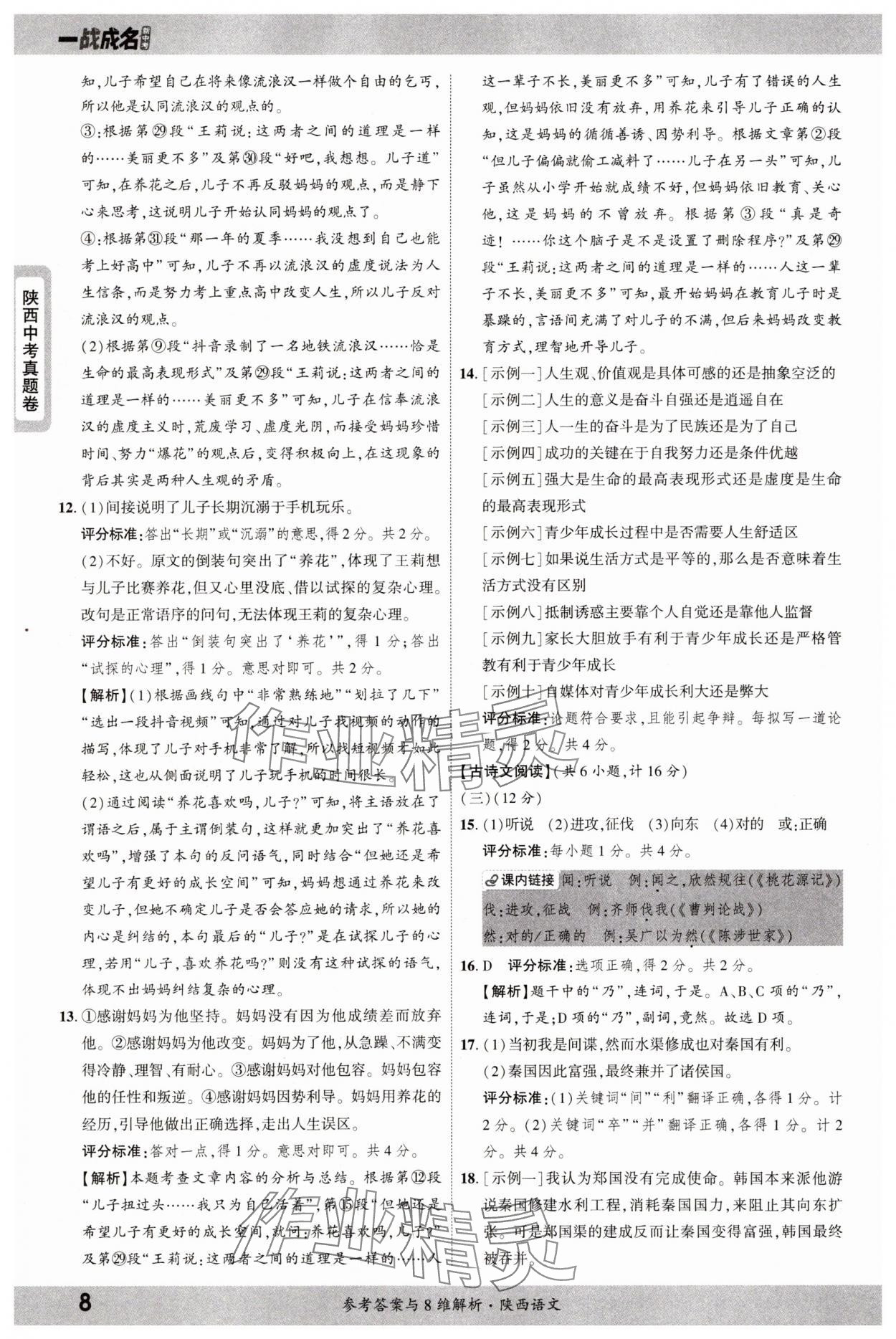 2025年一戰(zhàn)成名中考真題與拓展訓練語文陜西專版 參考答案第8頁