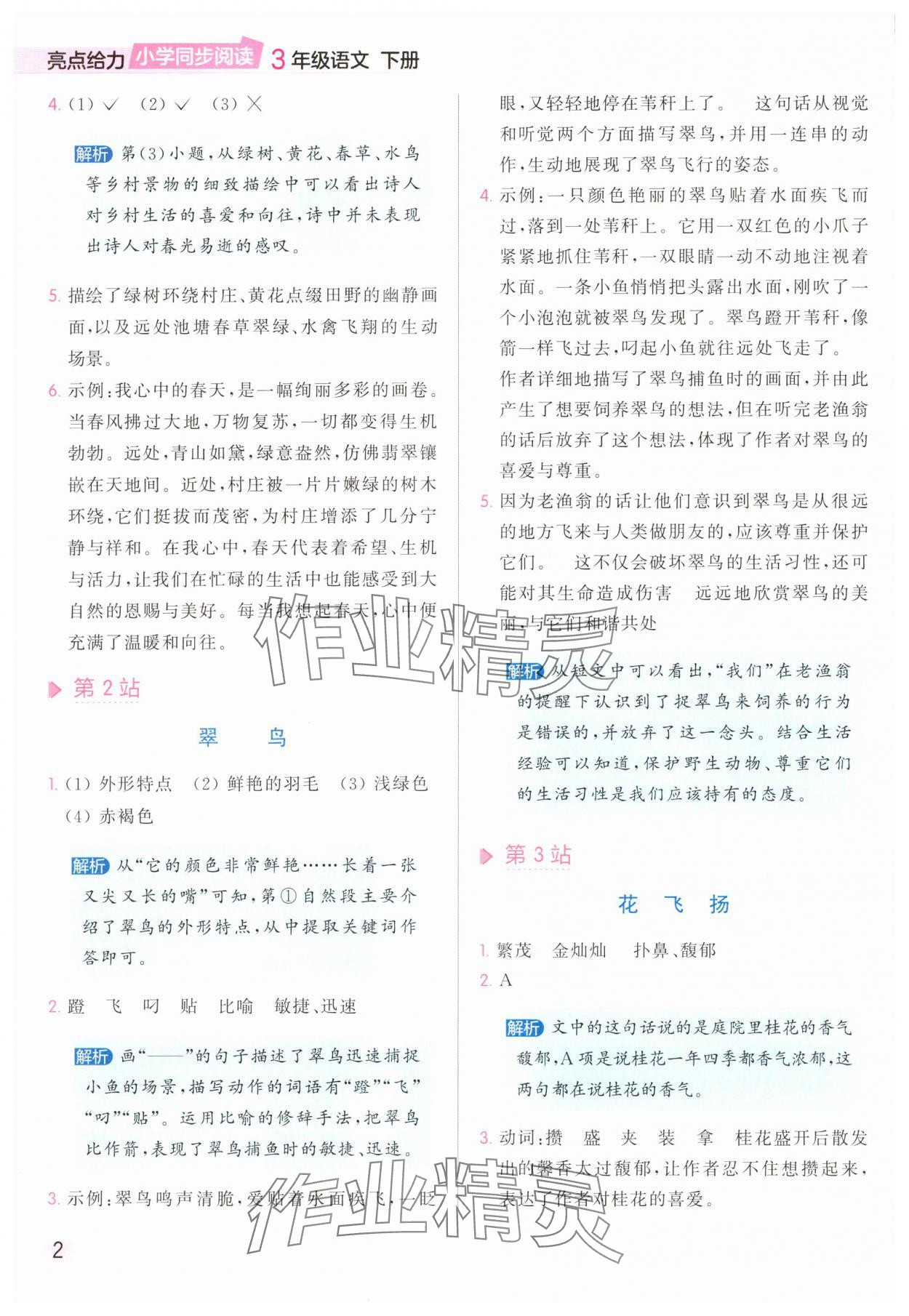2025年亮点给力同步阅读三年级语文下册人教版 参考答案第2页