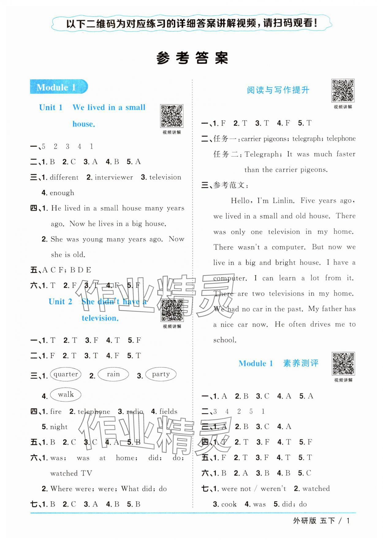 2025年陽光同學(xué)課時優(yōu)化作業(yè)五年級英語下冊外研版 參考答案第1頁