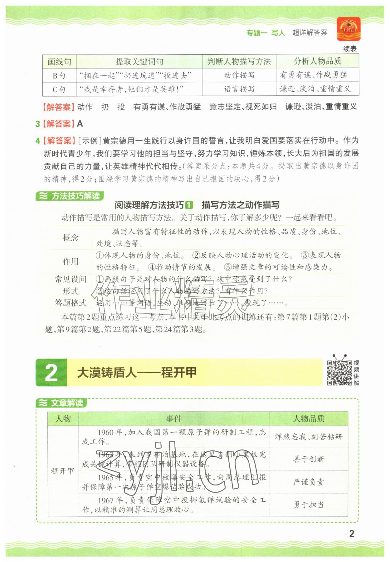 2026年王朝霞小学语文阅读训练100篇四年级&nbsp;参考答案第2页