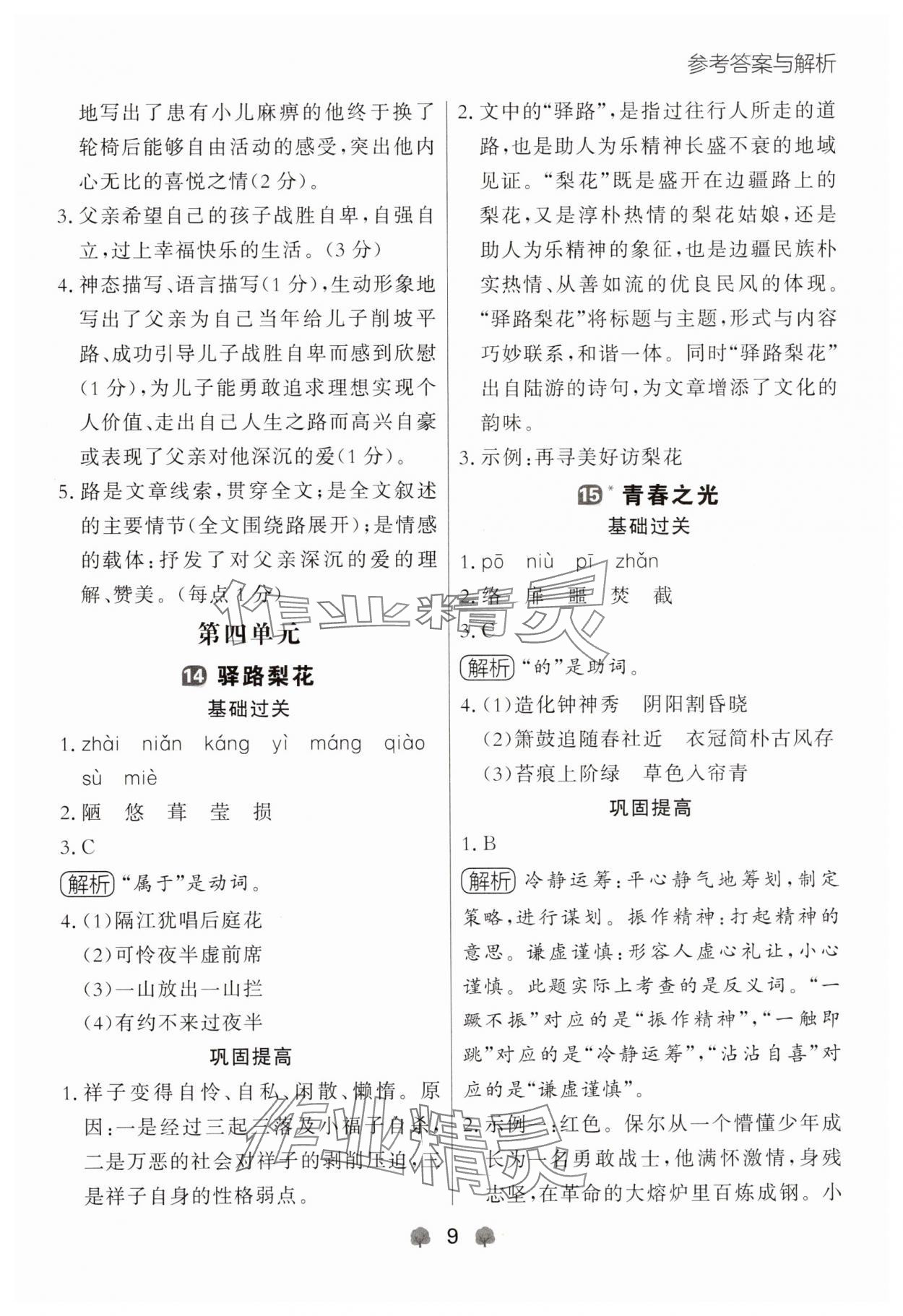 2025年点石成金金牌每课通七年级语文下册人教版辽宁专版 参考答案第9页