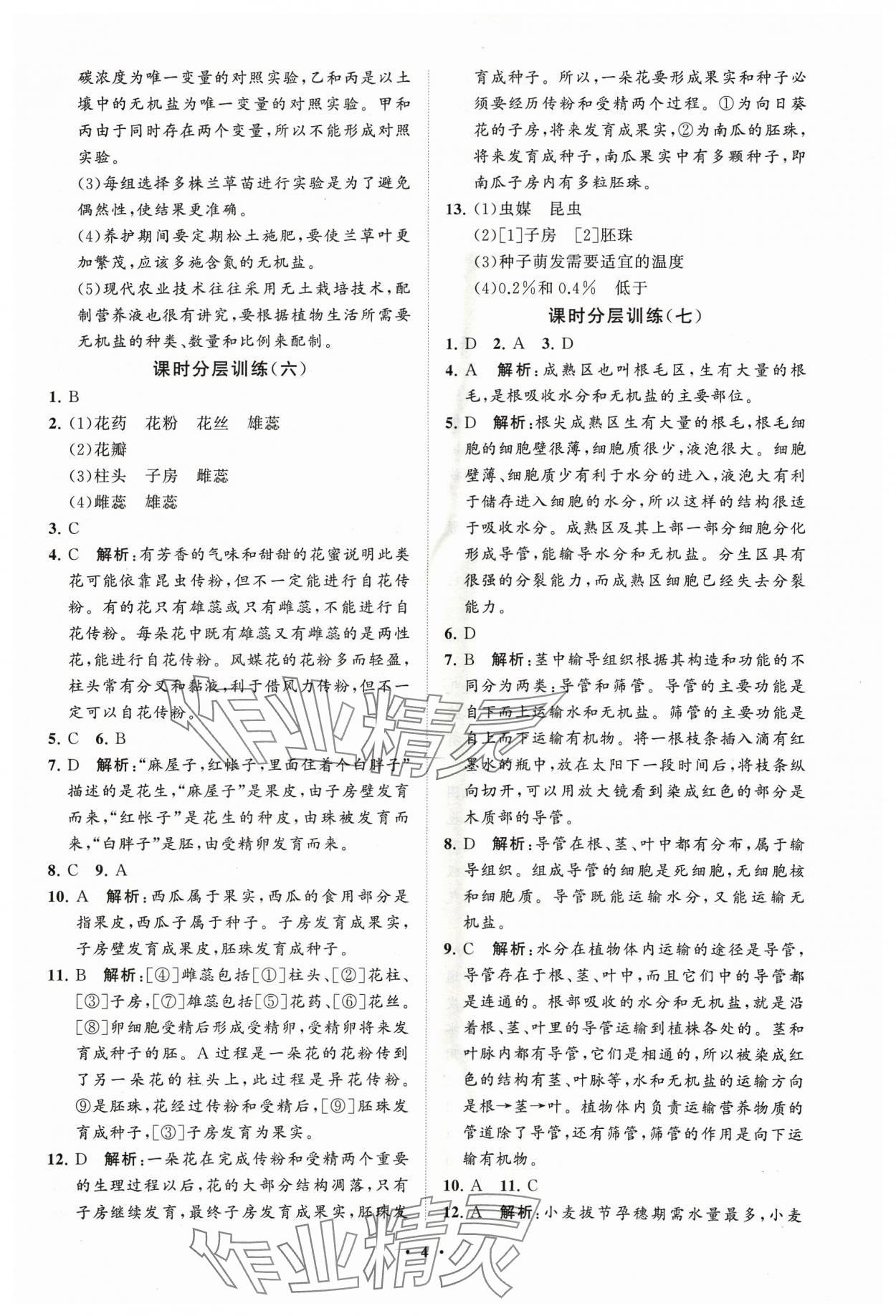 2024年同步練習(xí)冊分層卷六年級生物下冊魯科版54制 參考答案第4頁