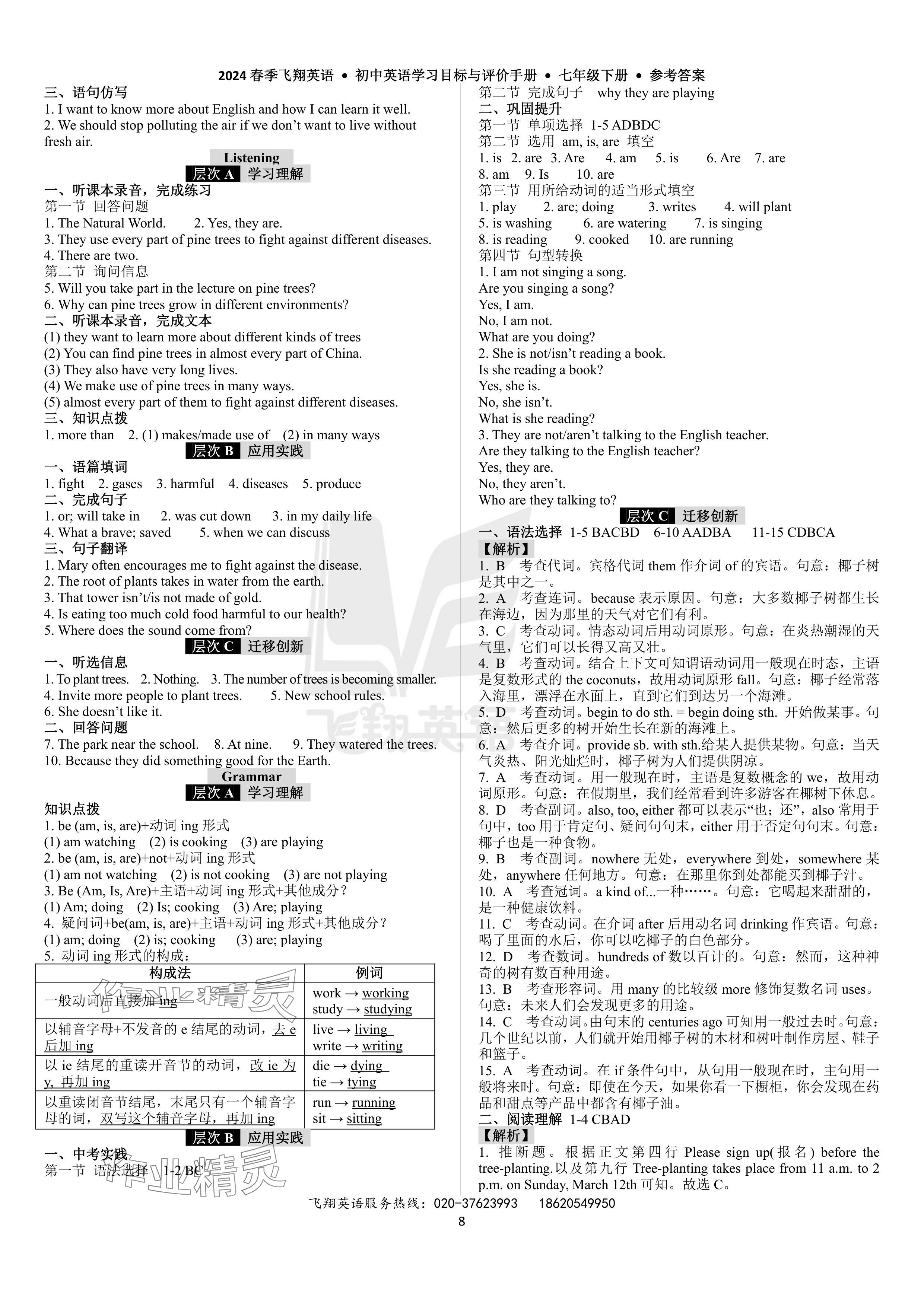 2024年初中英語學(xué)習(xí)目標(biāo)與評(píng)價(jià)手冊(cè)七年級(jí)英語下冊(cè)滬教版廣州專版 參考答案第8頁