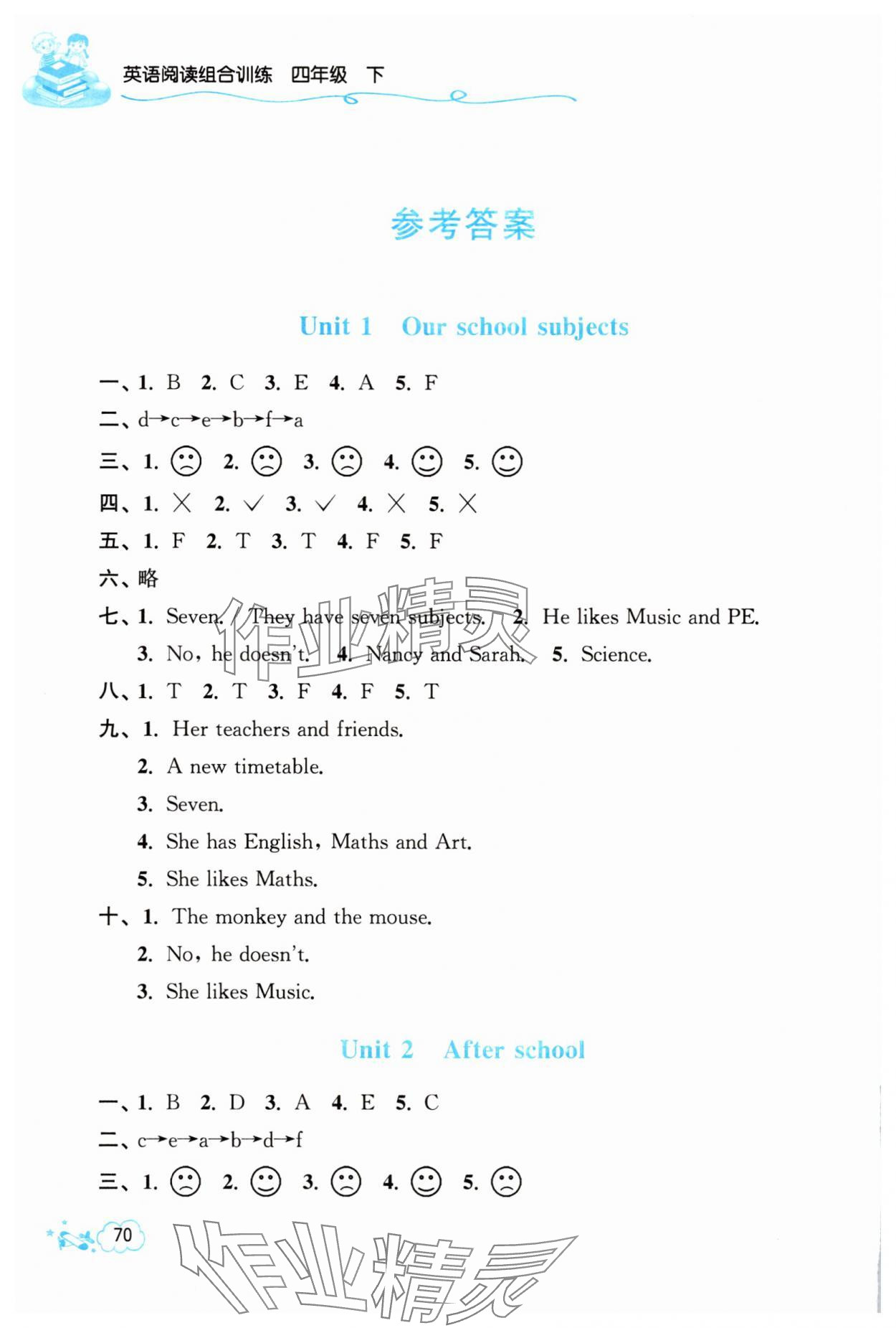 2025年閱讀組合訓練江蘇鳳凰美術出版社四年級英語下冊譯林版 參考答案第1頁