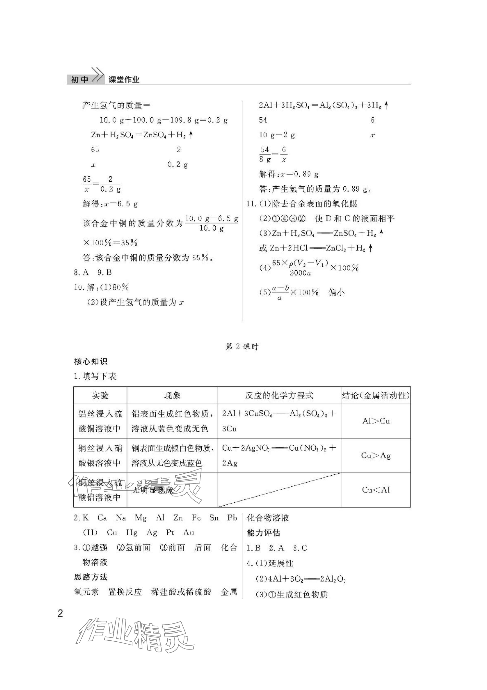 2025年課堂作業(yè)武漢出版社九年級化學下冊人教版 參考答案第2頁