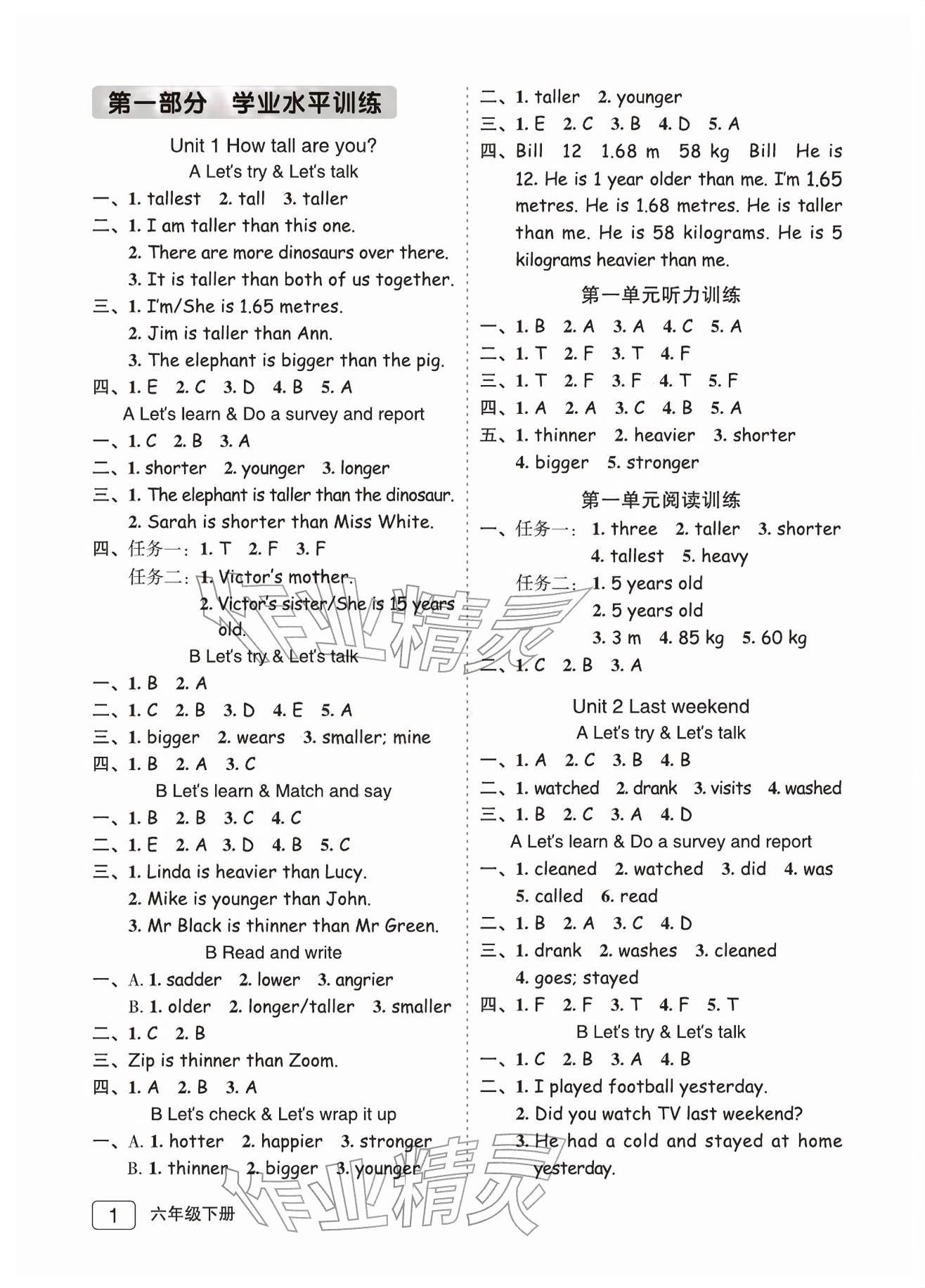 2026年名师面对面先学后练六年级英语下册人教版评议教辅专版&nbsp;参考答案第1页
