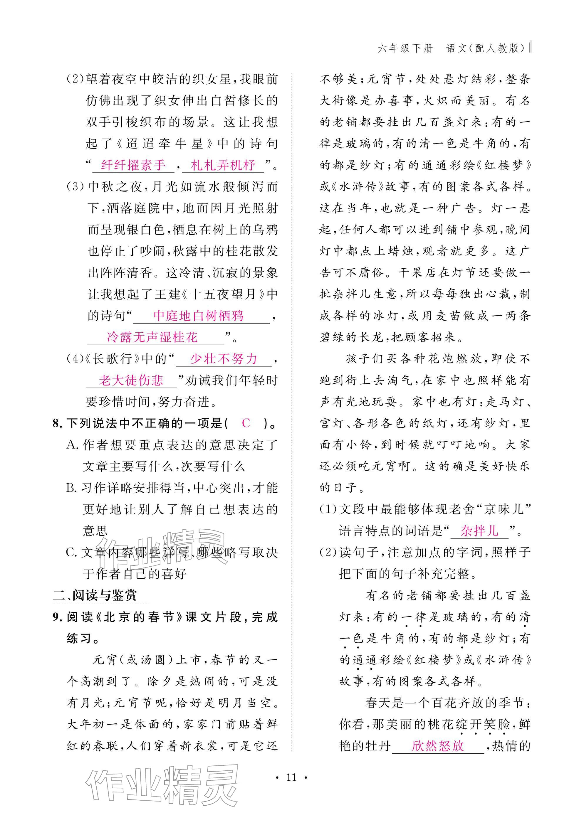 2026年作业本江西教育出版社六年级语文下册人教版&nbsp;参考答案第11页