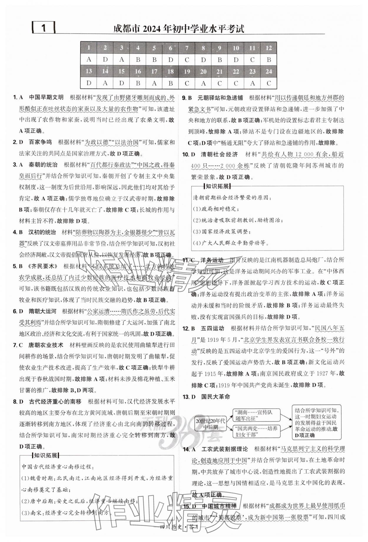 2025年天利38套中考試題精選歷史四川專版 參考答案第1頁