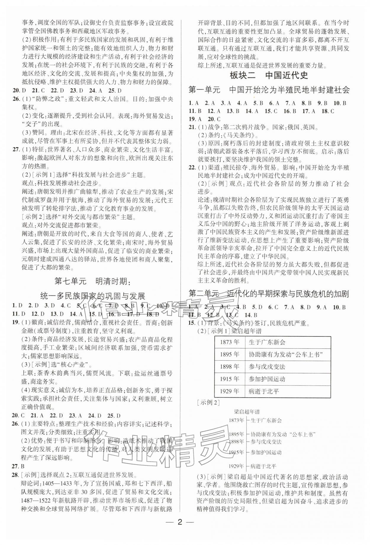 2026年中考专题分类卷历史中考人教版&nbsp;参考答案第2页