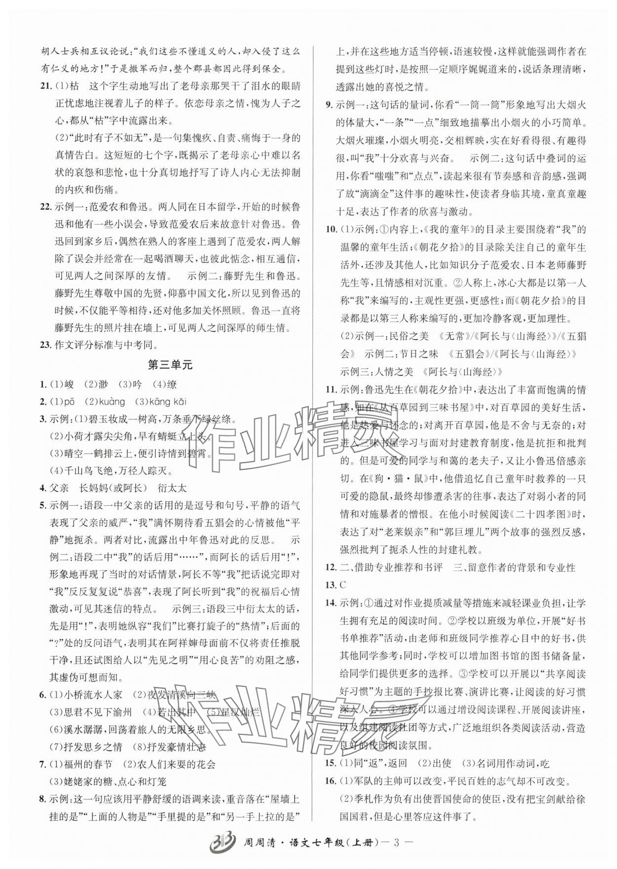 2025年周周清检测七年级语文上册人教版 参考答案第3页