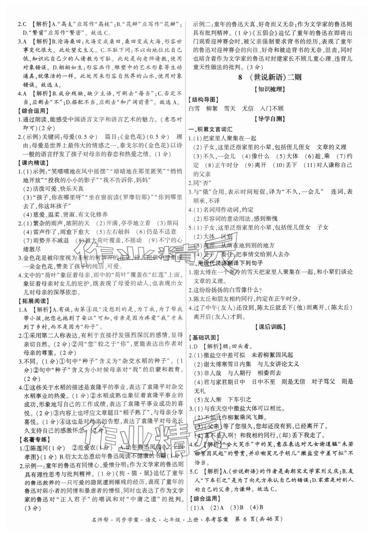 2024年名師幫同步學案七年級語文上冊人教版 參考答案第6頁