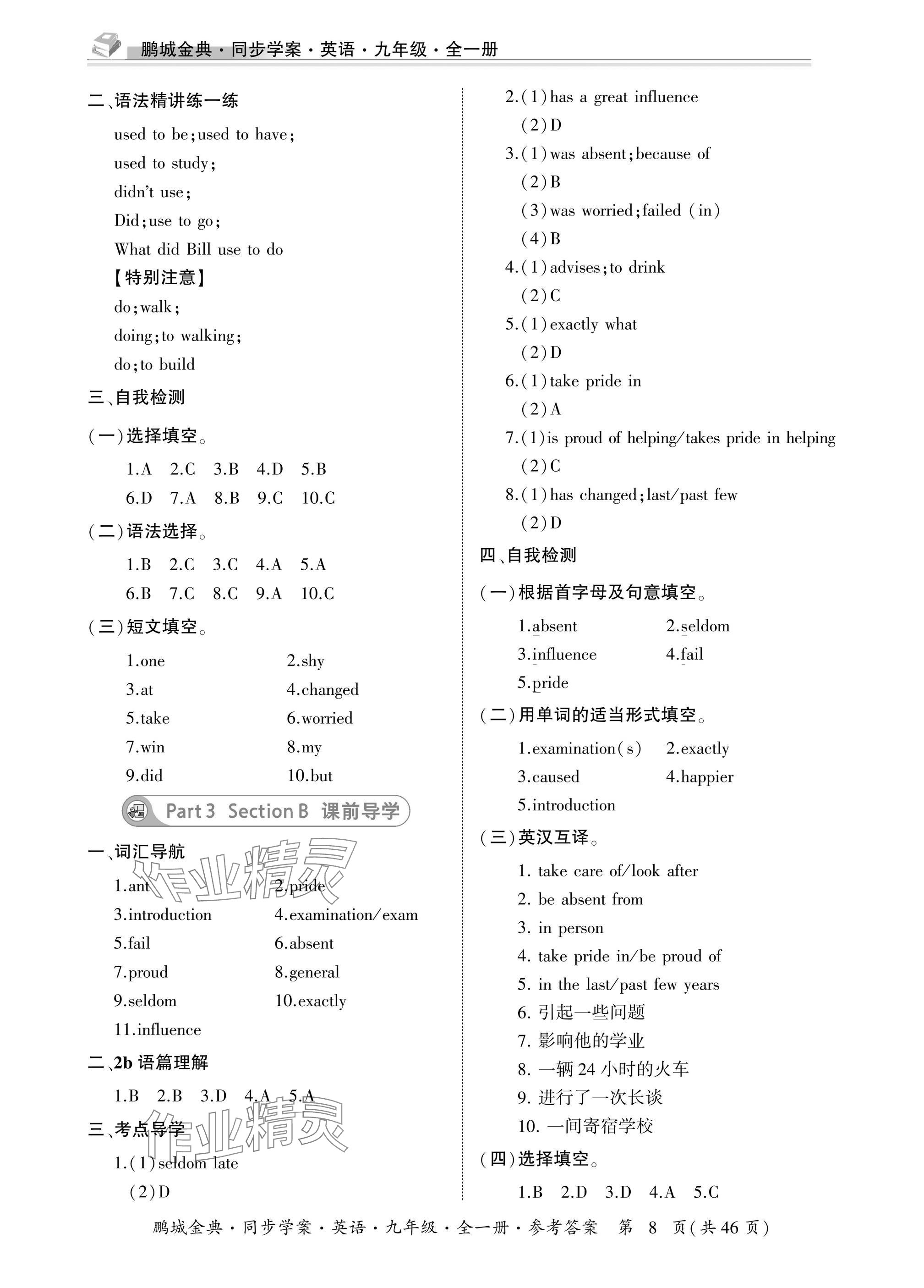 2025年名师帮同步学案九年级英语全一册人教版&nbsp;参考答案第8页