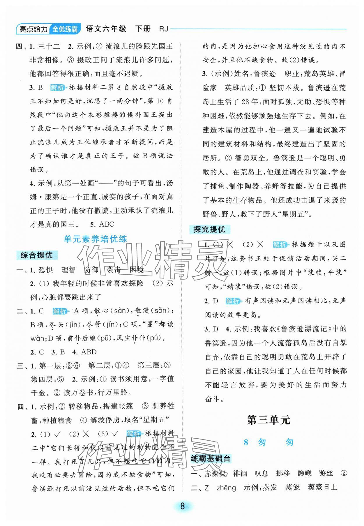 2024年亮點(diǎn)給力全優(yōu)練霸六年級(jí)語文下冊(cè)人教版 參考答案第8頁