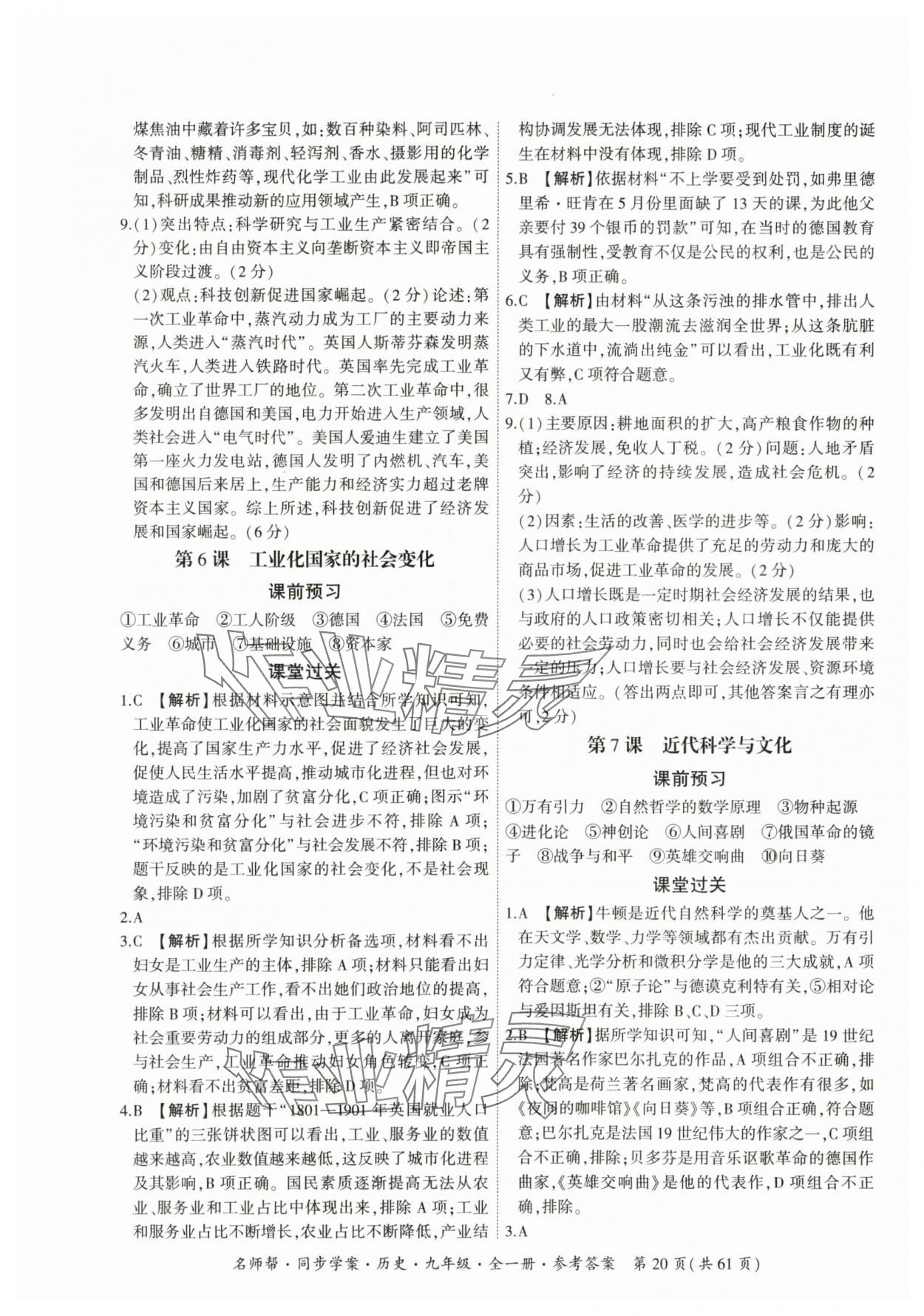 2025年名師幫同步學案九年級歷史全一冊人教版 參考答案第20頁