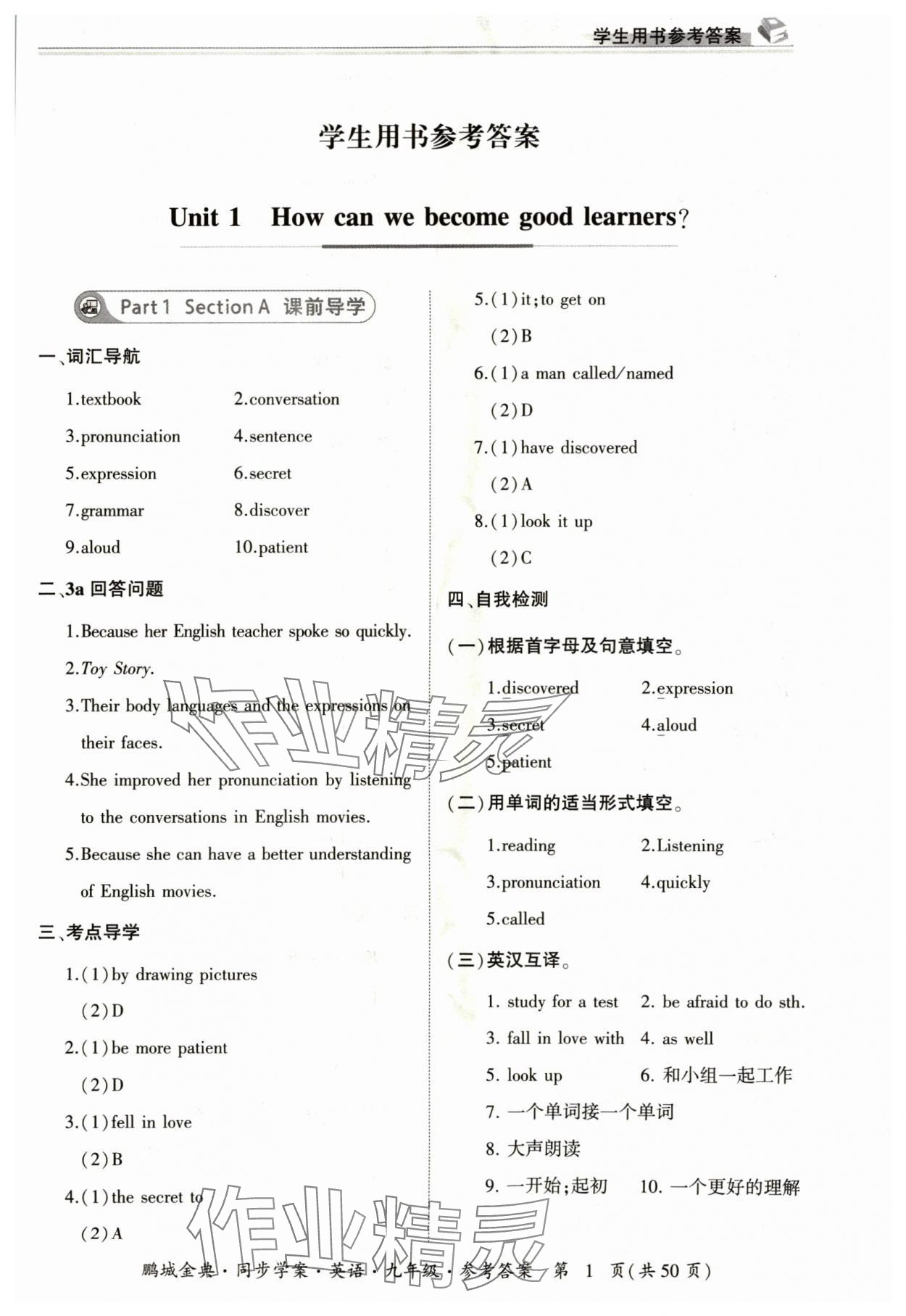 2024年名師幫同步學(xué)案九年級英語全一冊人教版 參考答案第1頁