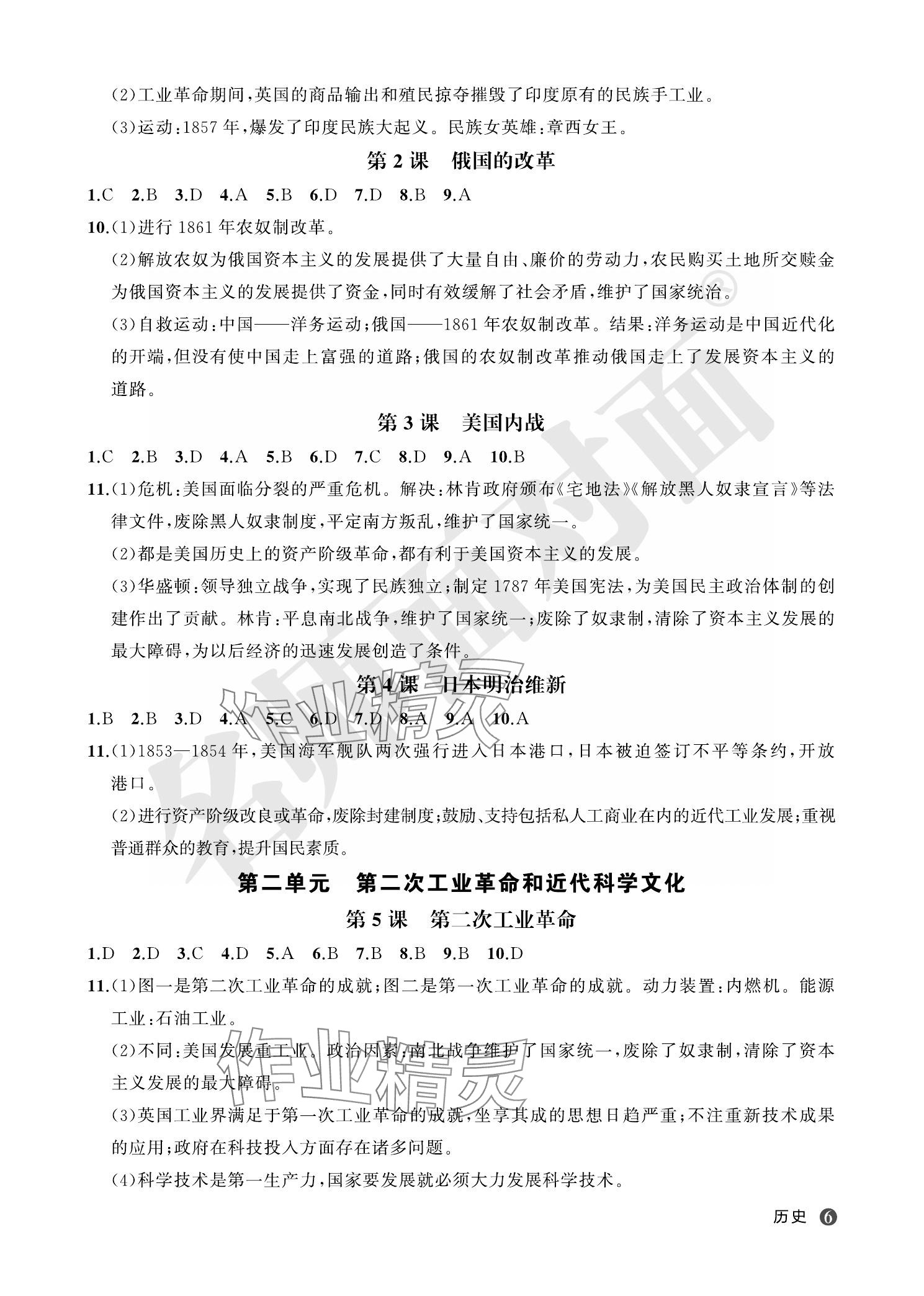 2023年名師面對面學科素養評價九年級歷史全一冊人教版 參考答案第6頁