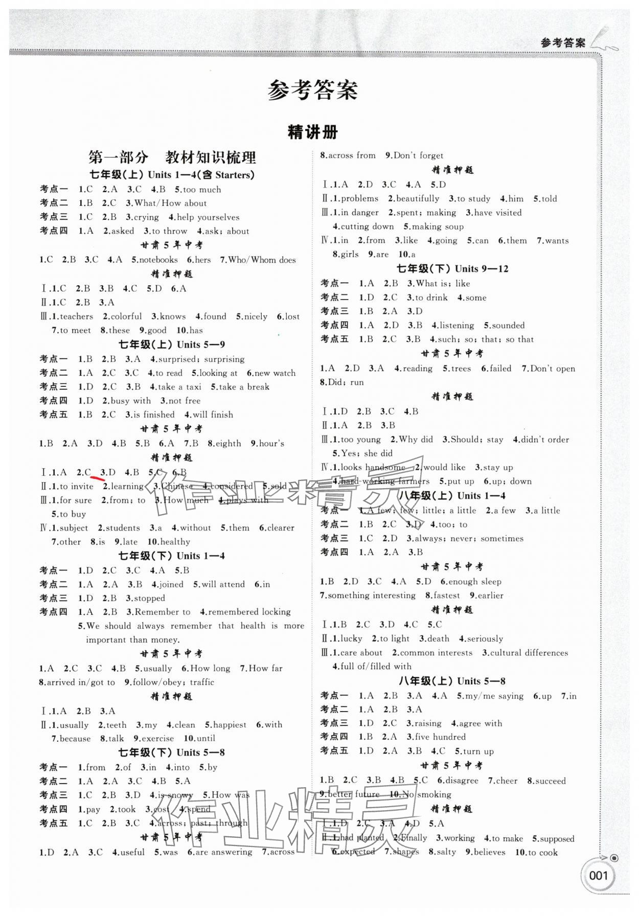 2025年首席中考英語甘肅專版 第1頁