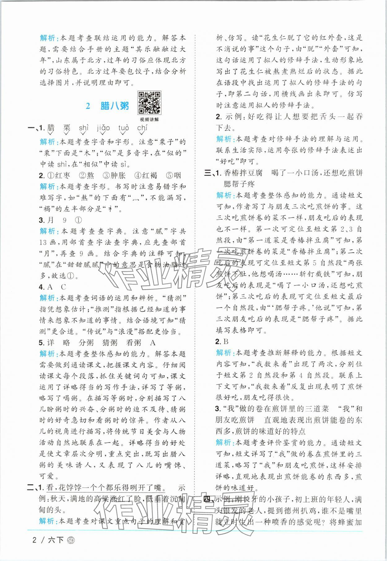 2025年阳光同学课时优化作业六年级语文下册人教版菏泽专版 参考答案第2页