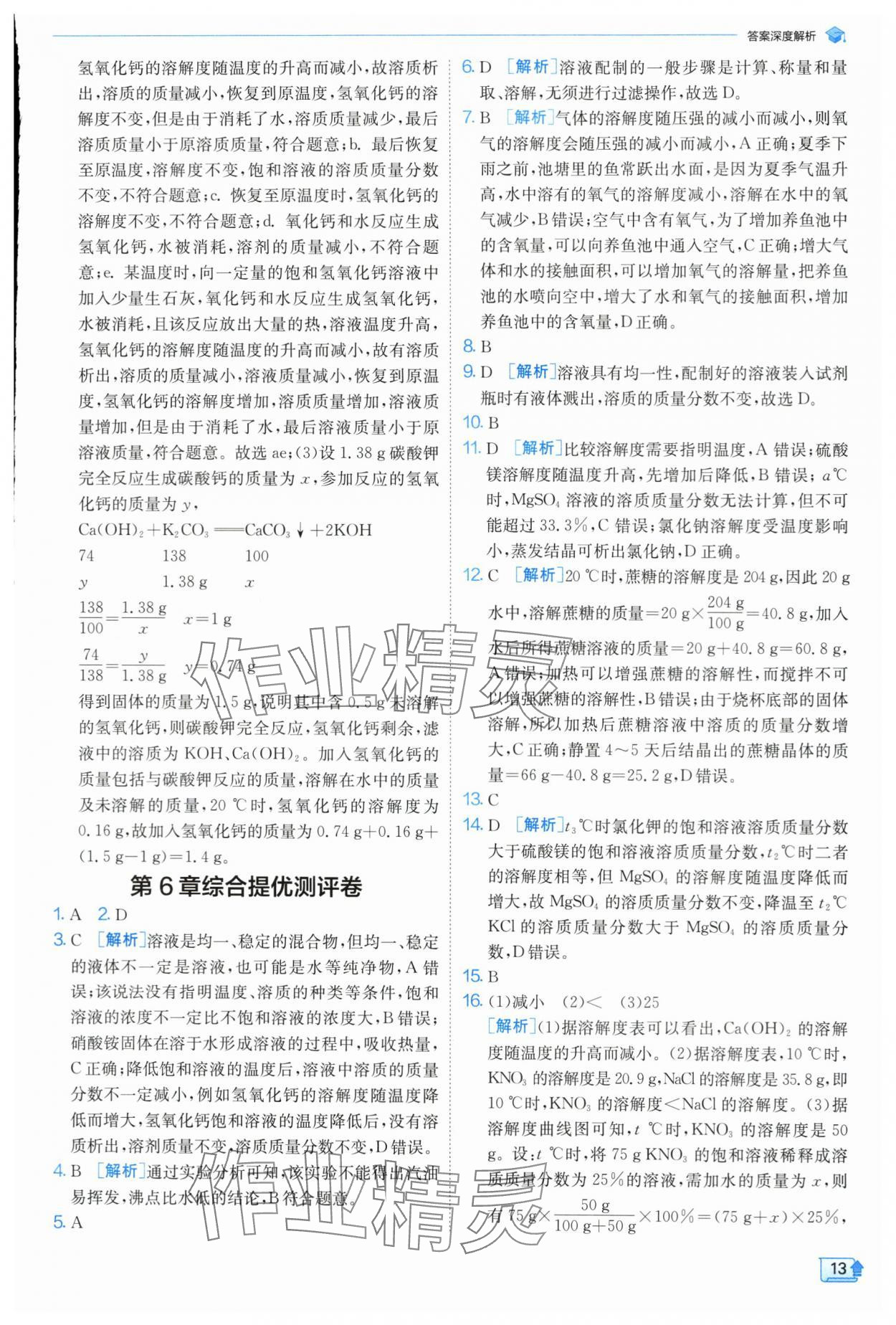 2024年实验班提优训练九年级化学下册沪教版 参考答案第13页