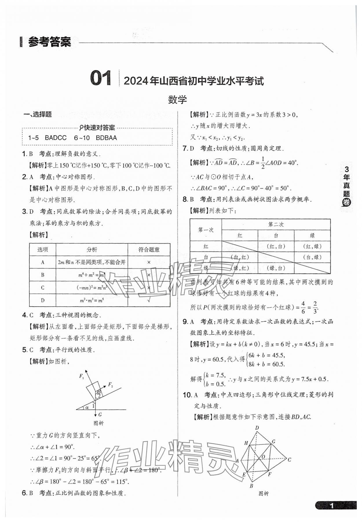 2025年領跑卷數學山西專版 參考答案第1頁
