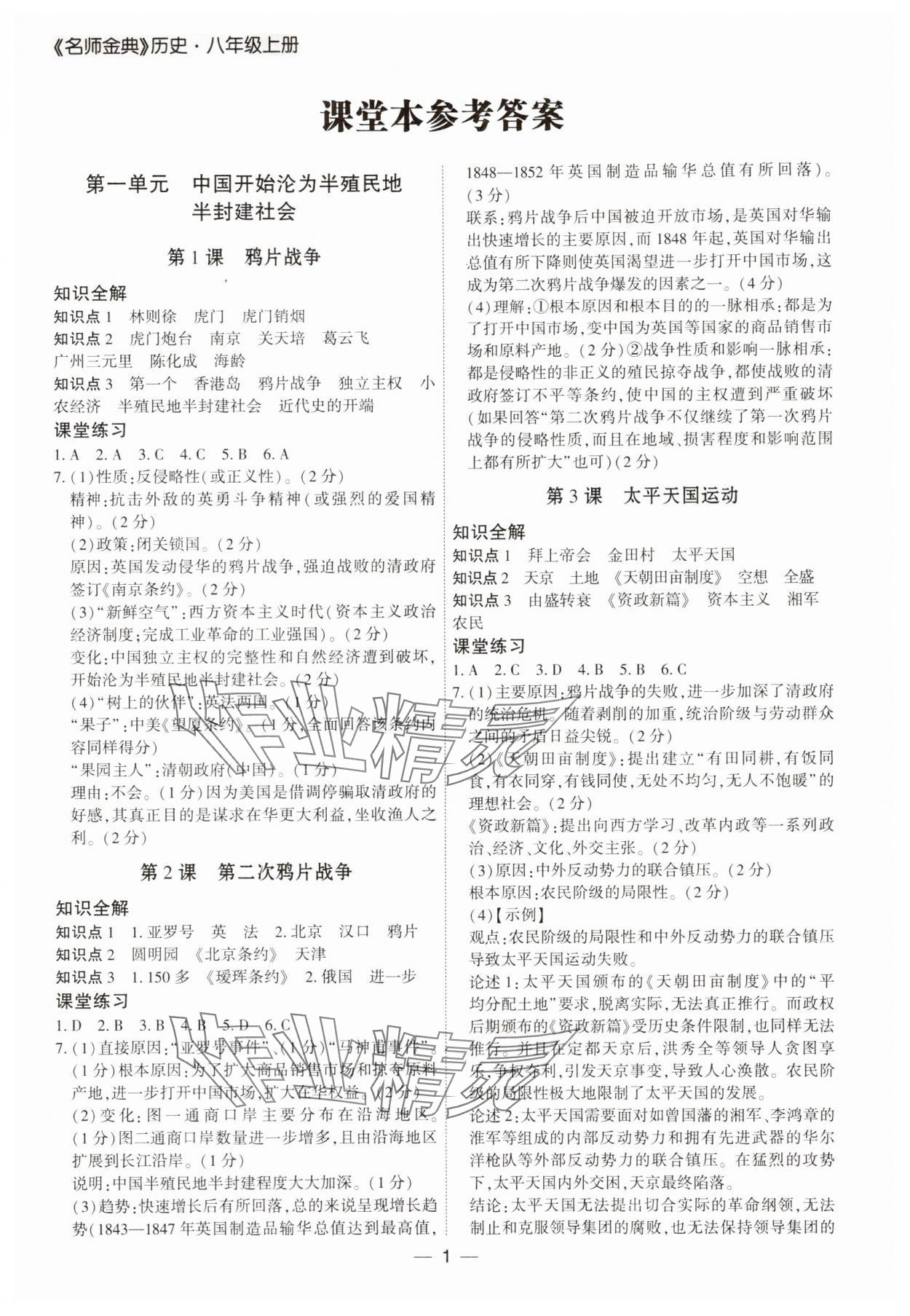 2025年名师金典八年级历史上册人教版深圳专版 第1页