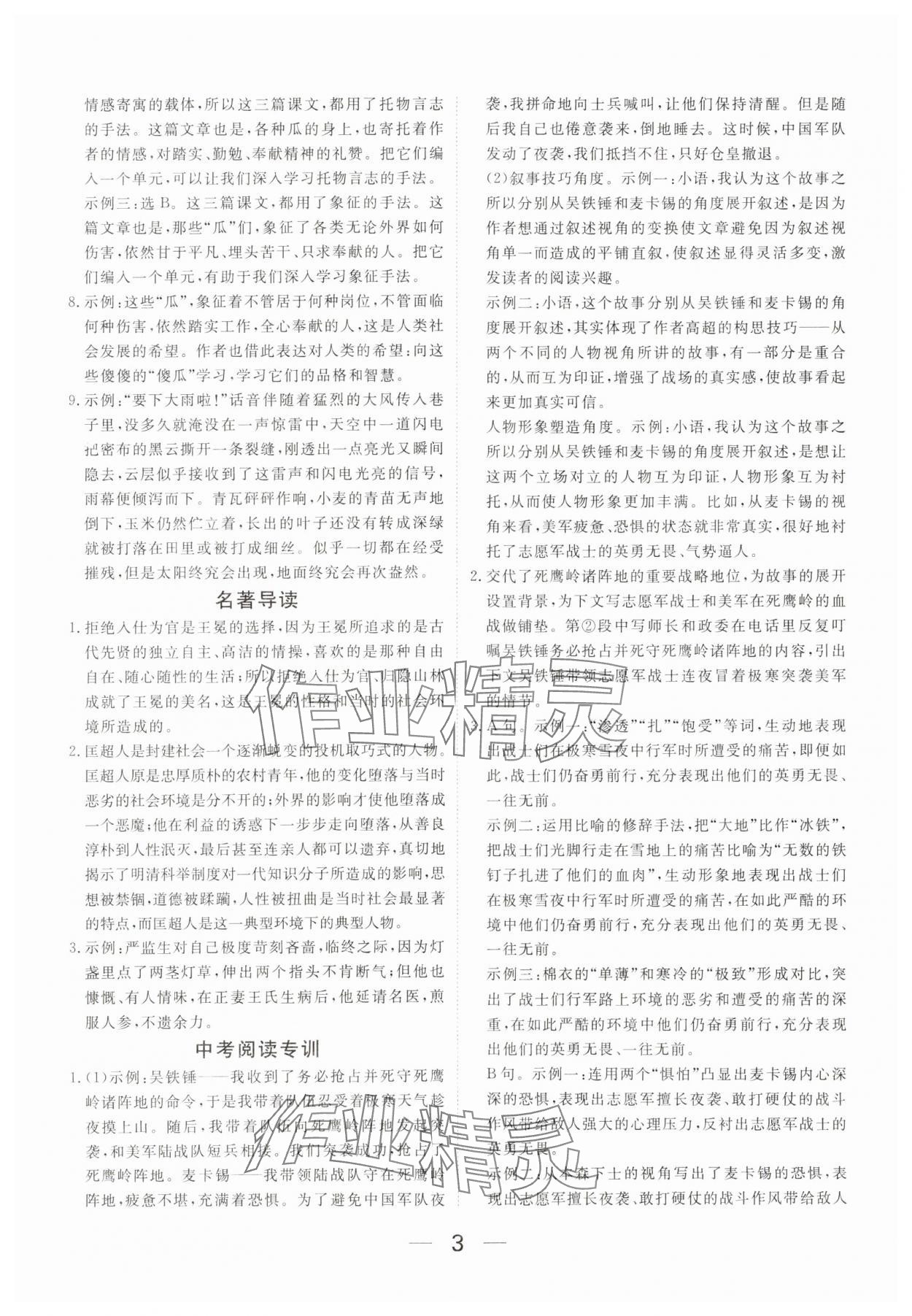 2025年我的作业九年级语文下册人教版河南专版 参考答案第3页