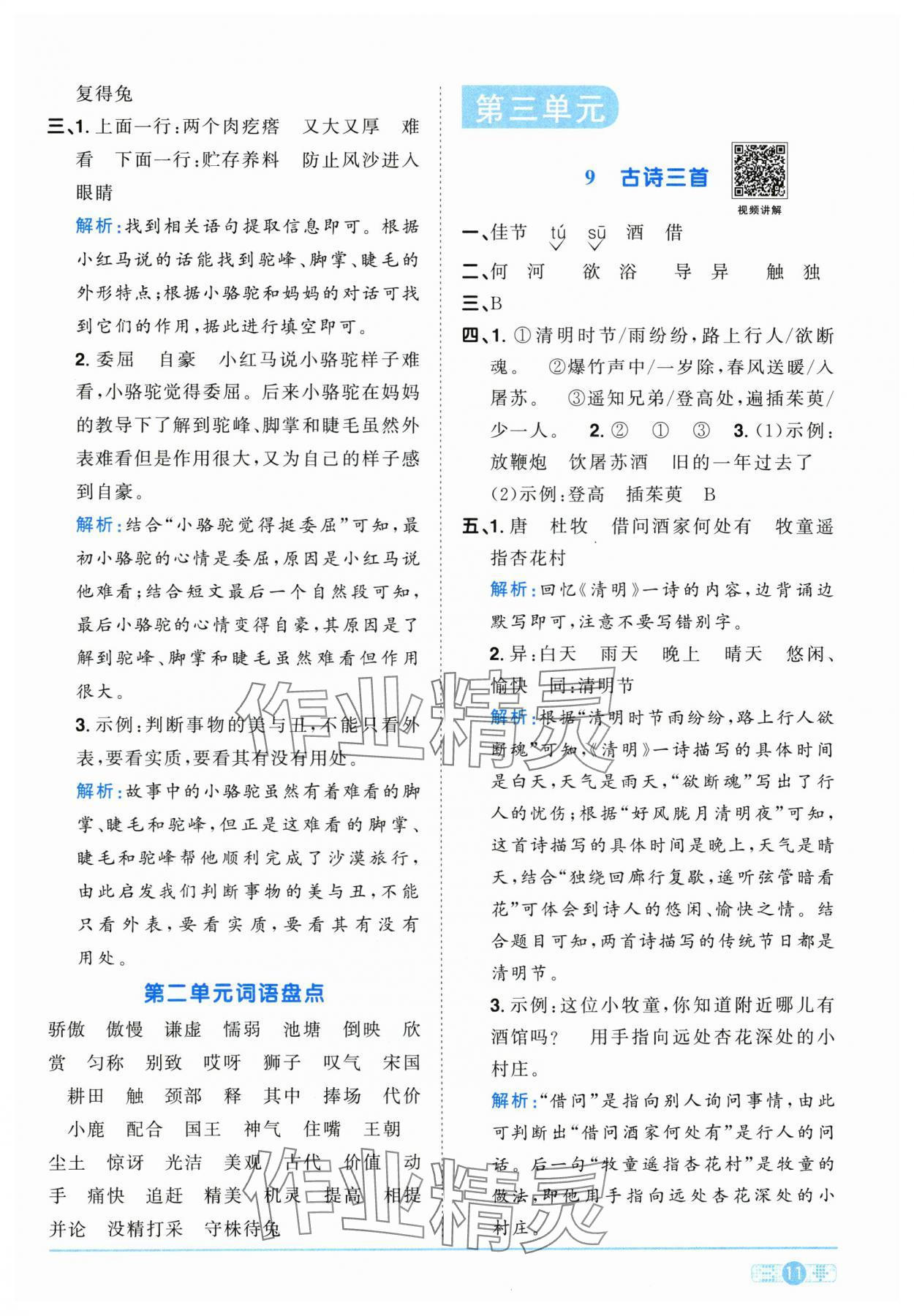 2025年阳光同学课时优化作业三年级语文下册人教版江西专版&nbsp;参考答案第11页
