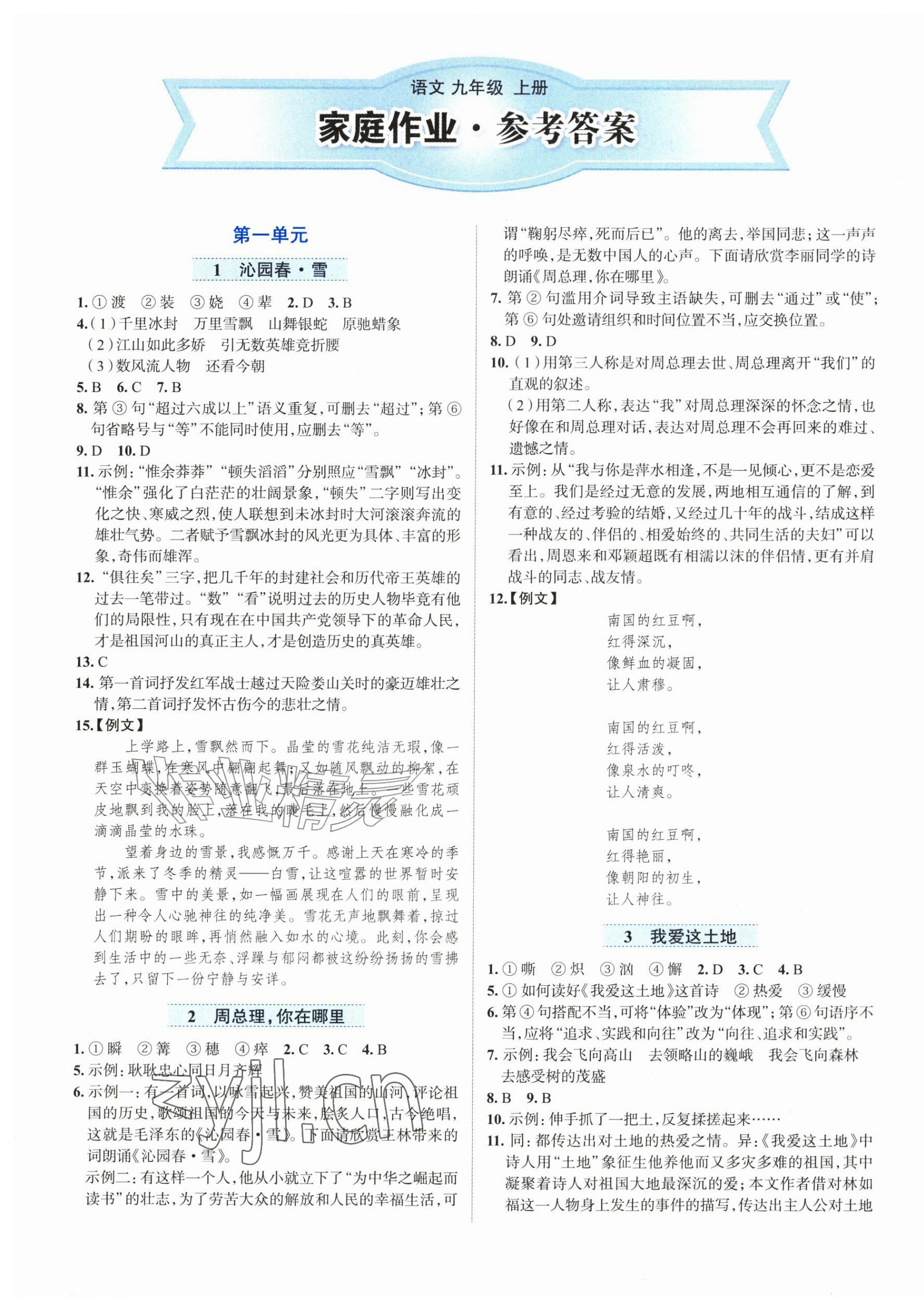 2026年家庭作业九年级语文上册人教版&nbsp;第1页