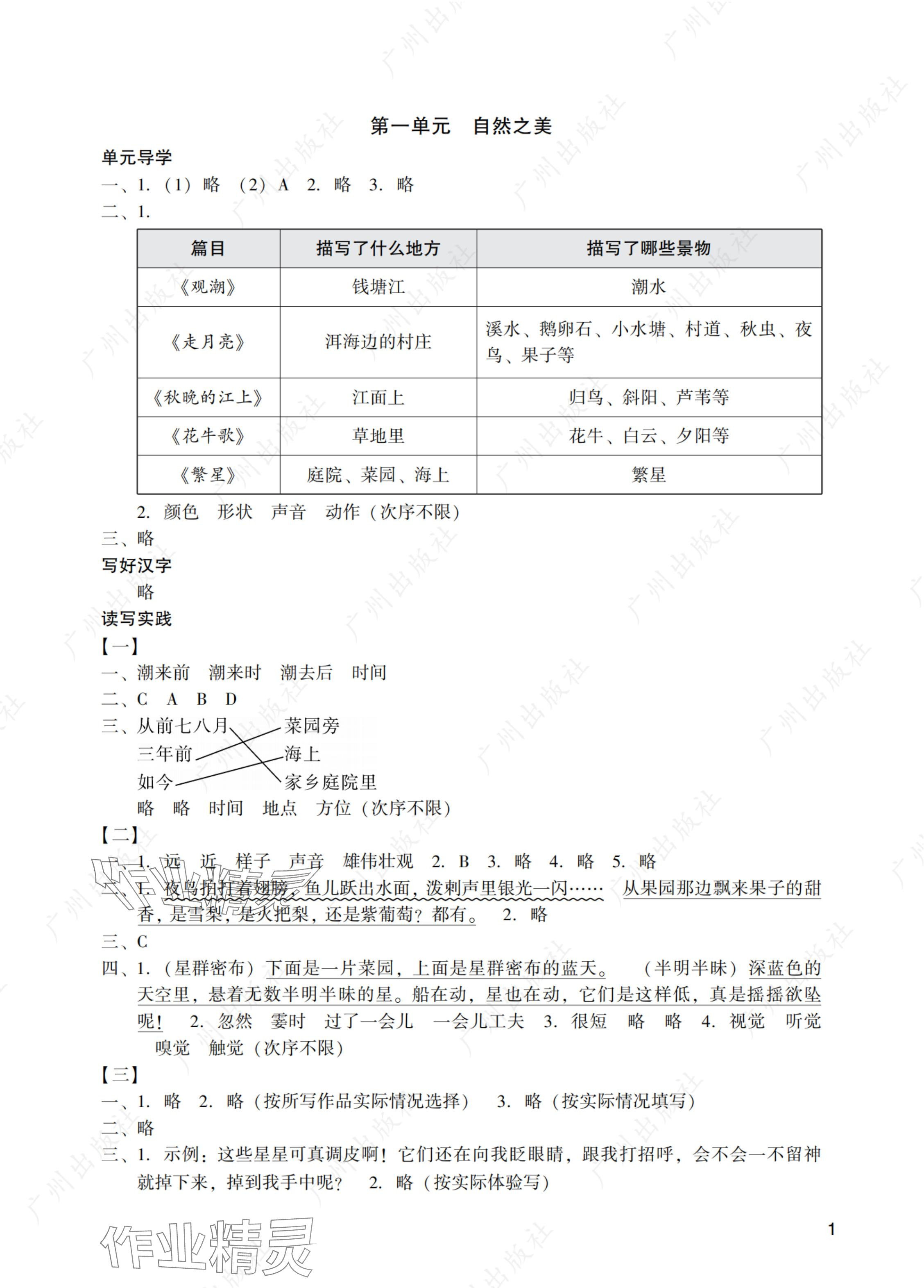 2024年陽光學(xué)業(yè)評(píng)價(jià)四年級(jí)語文上冊(cè)人教版 參考答案第1頁