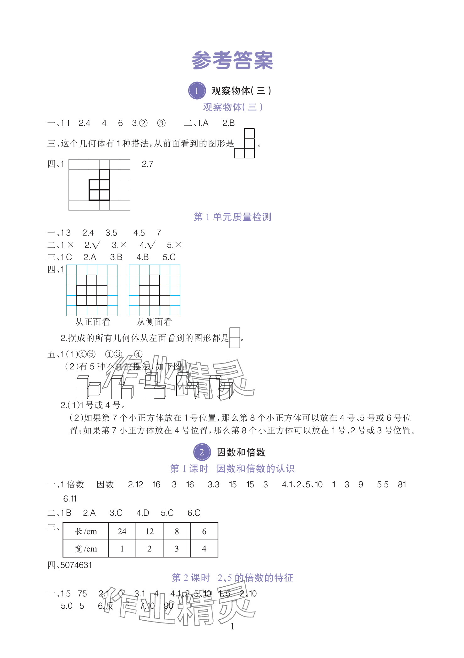 2025年全程培優同步訓練五年級數學下冊人教版 參考答案第1頁