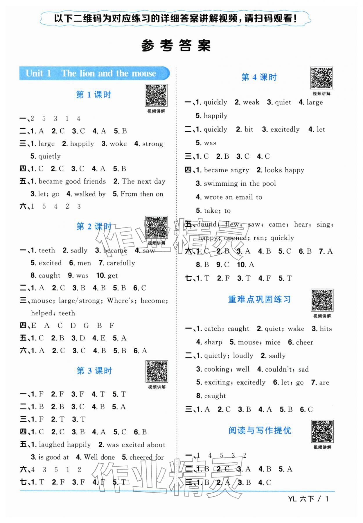 2026年阳光同学课时优化作业六年级英语下册译林版江苏专版&nbsp;参考答案第1页