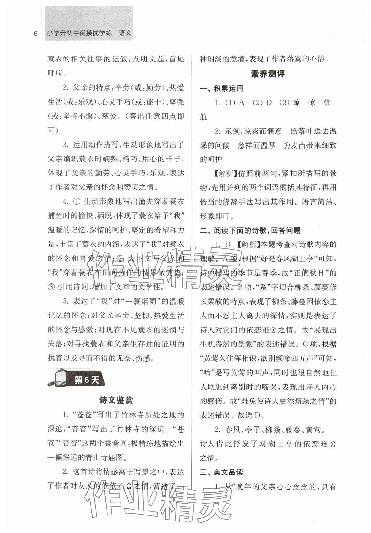 2024年超能學典小學升初中銜接優學練六年級語文 參考答案第6頁