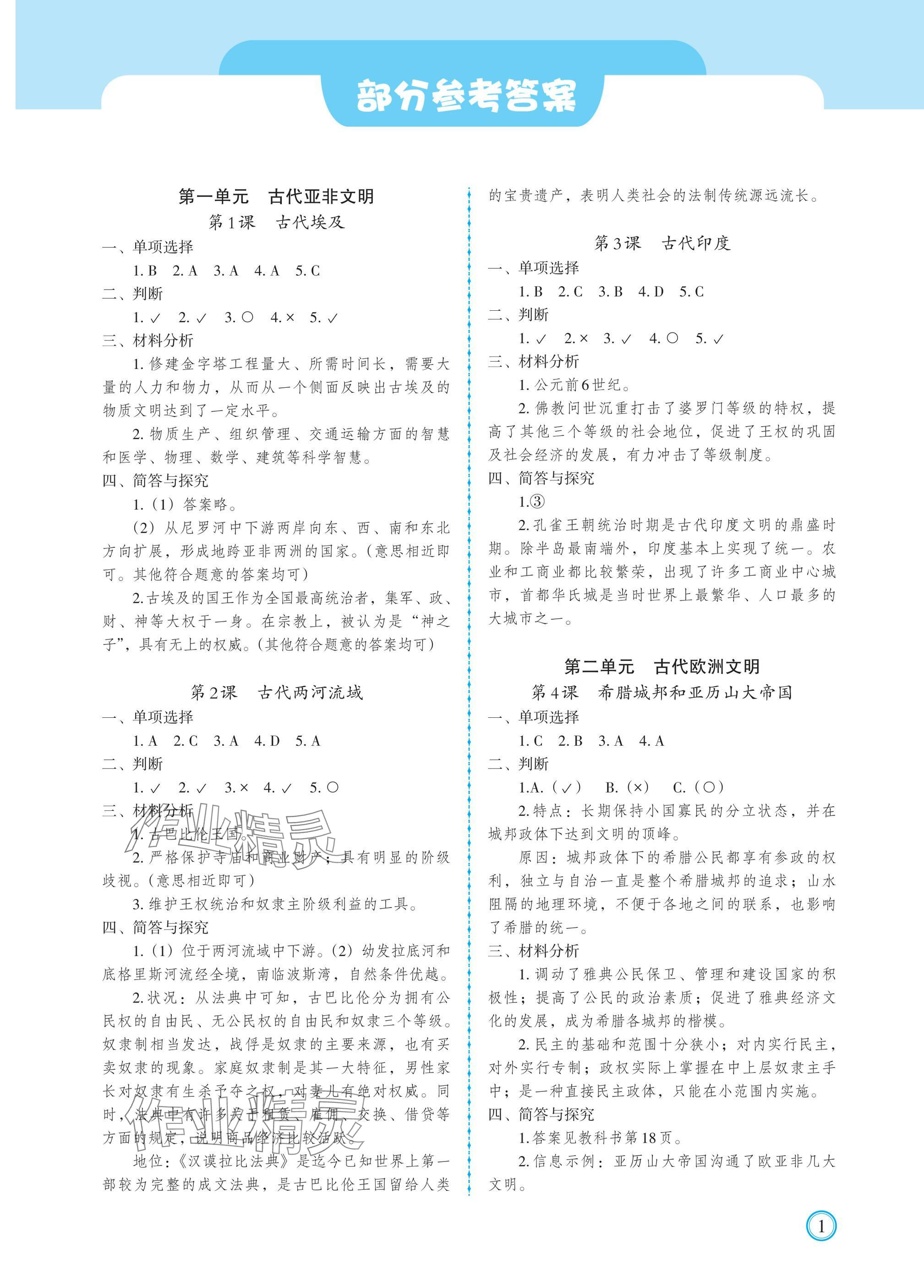 2024年學(xué)習(xí)指要九年級歷史上冊人教版 參考答案第1頁