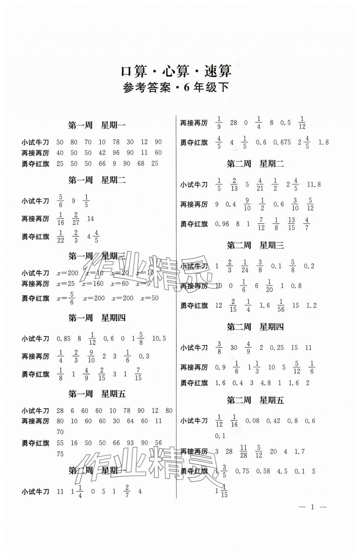 2024年口算心算速算江六年級數(shù)學下冊蘇教版蘇鳳凰美術(shù)出版社 第1頁