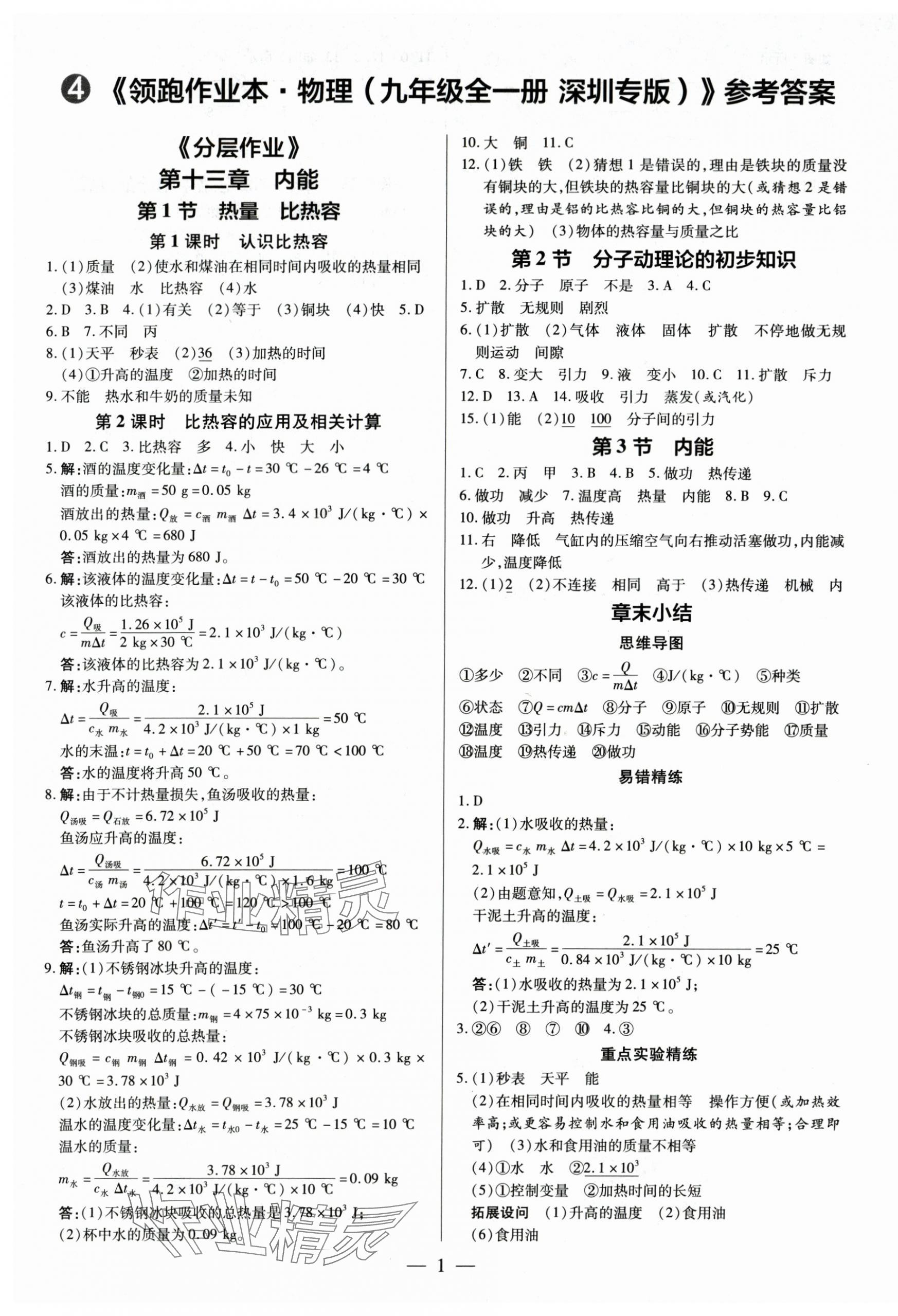 2025年领跑作业本九年级物理全一册人教版深圳专版 第1页