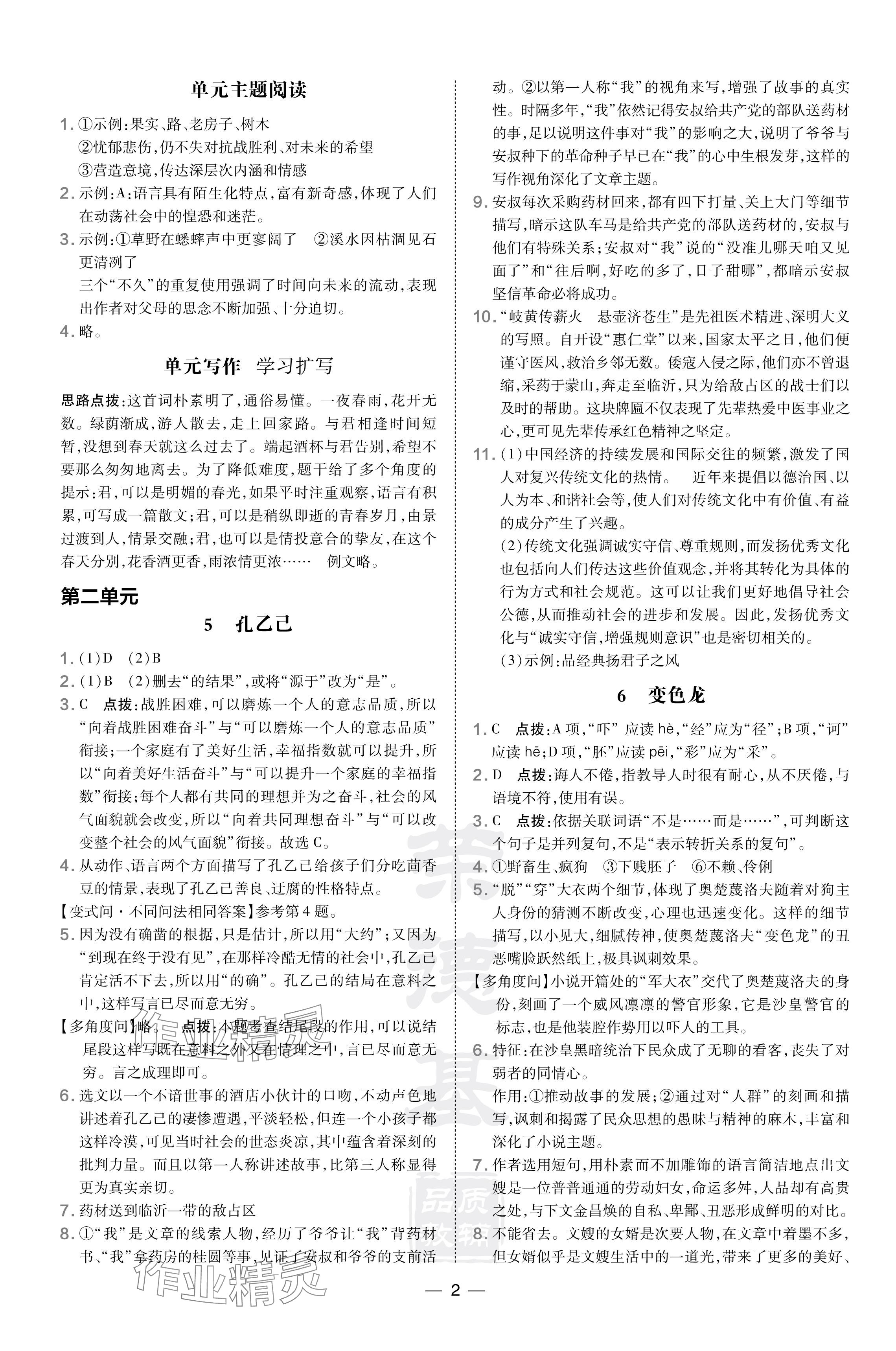 2024年點(diǎn)撥訓(xùn)練九年級(jí)語(yǔ)文下冊(cè)人教版福建專版 參考答案第2頁(yè)