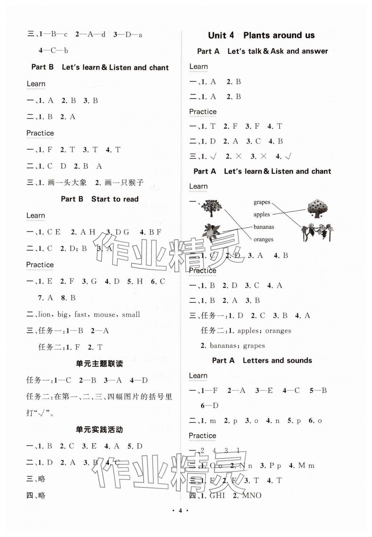 2025年同步练习册分层指导三年级英语上册人教版&nbsp;参考答案第4页