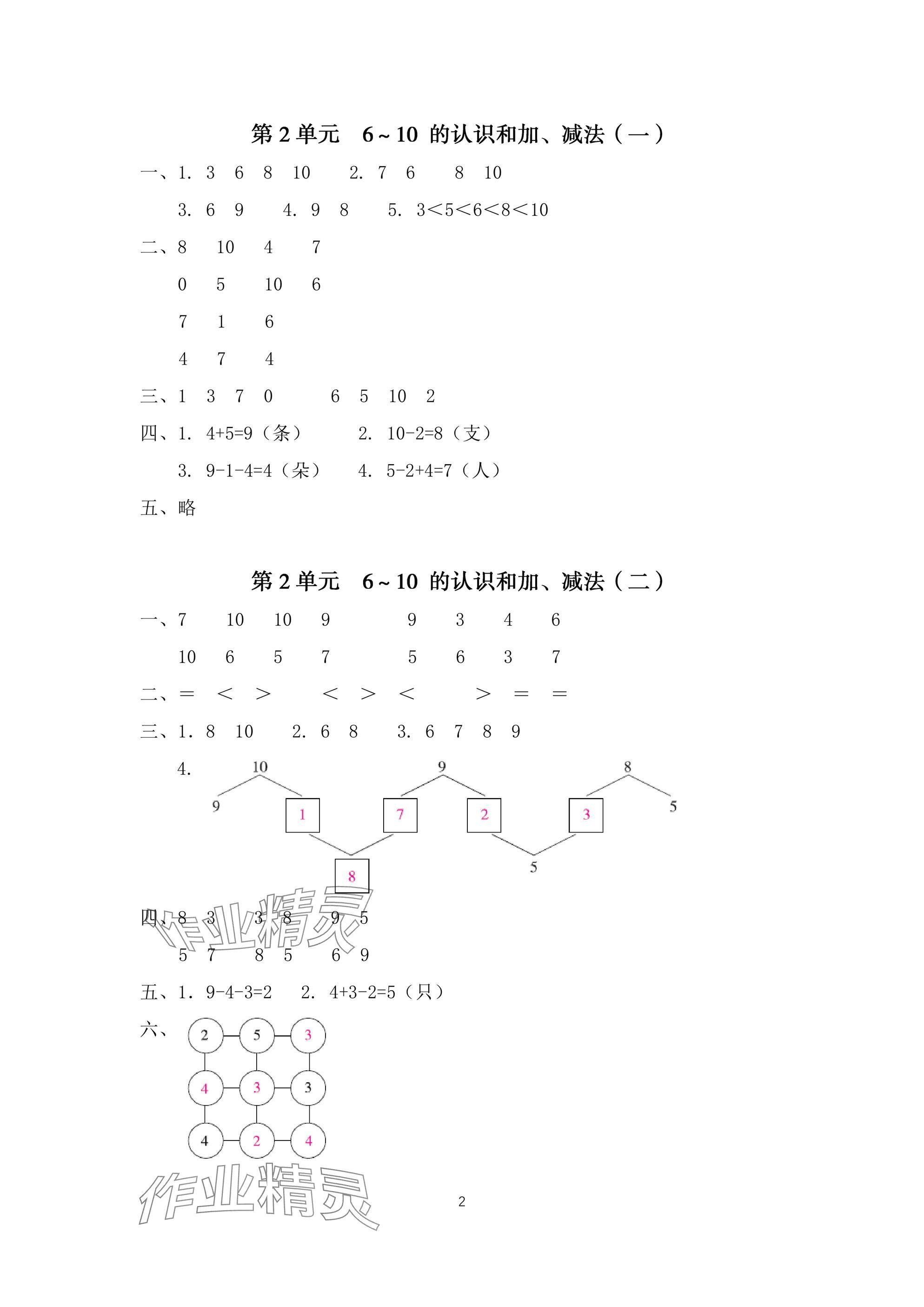 2025年一線名師總復習寒假作業海南出版社一年級數學人教版 參考答案第2頁