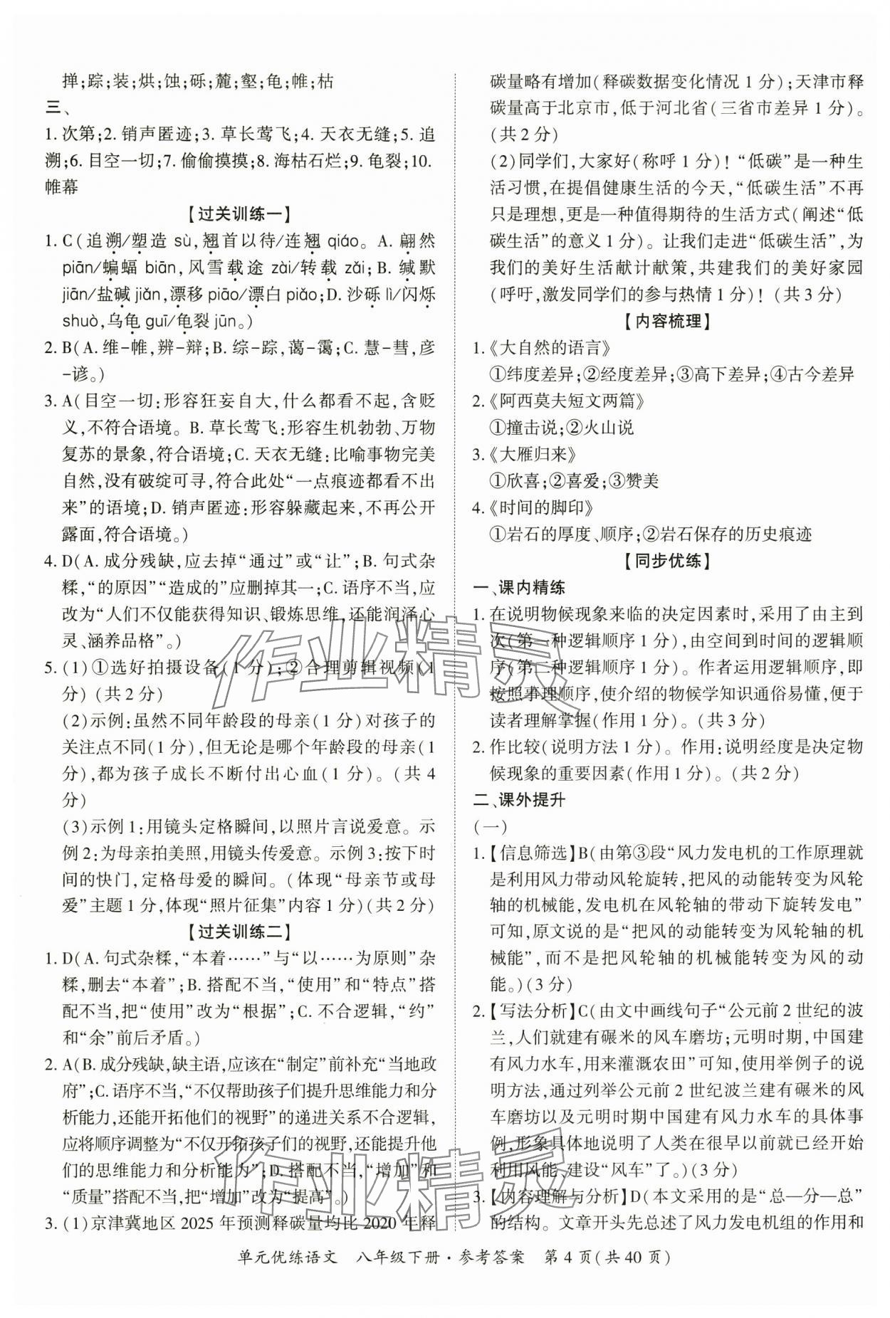 2025年單元優(yōu)練八年級語文下冊人教版廣州專版 參考答案第4頁