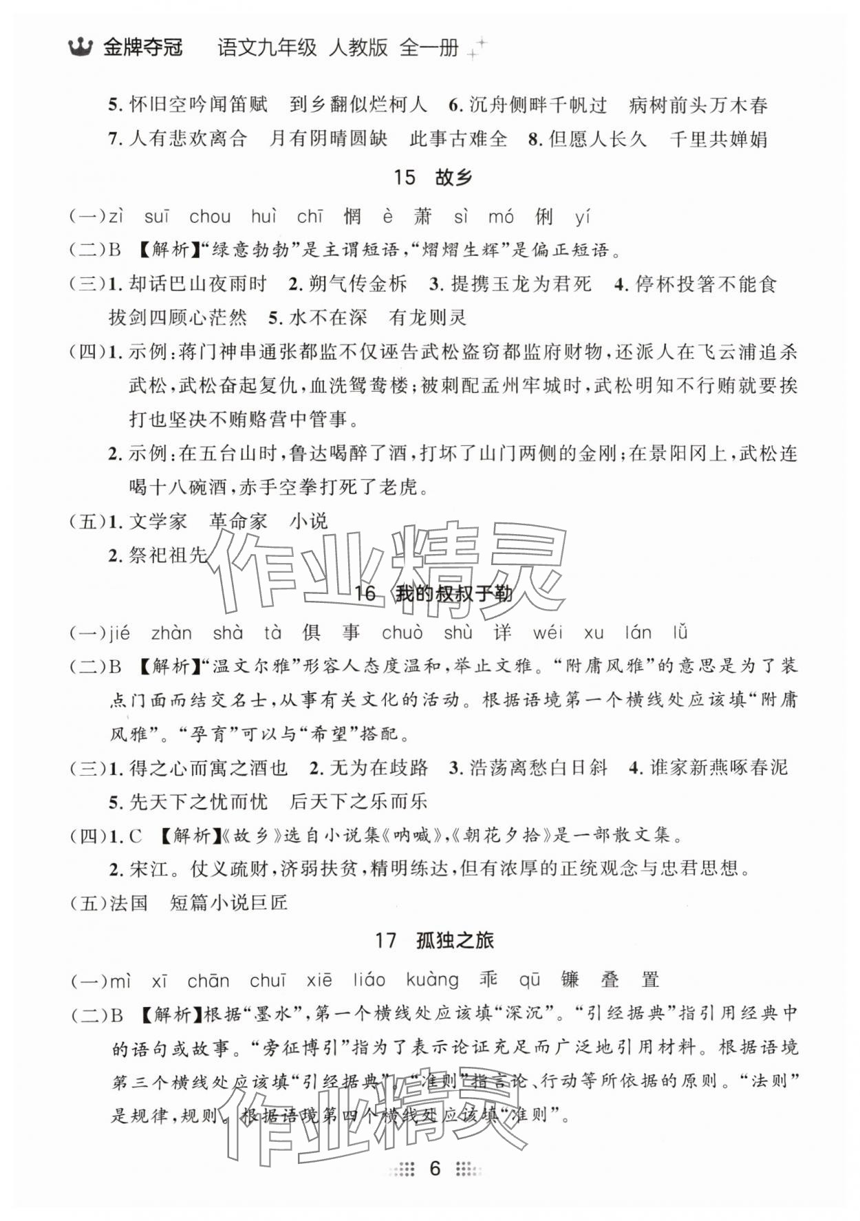 2024年點石成金金牌奪冠九年級語文全一冊人教版遼寧專版 參考答案第6頁