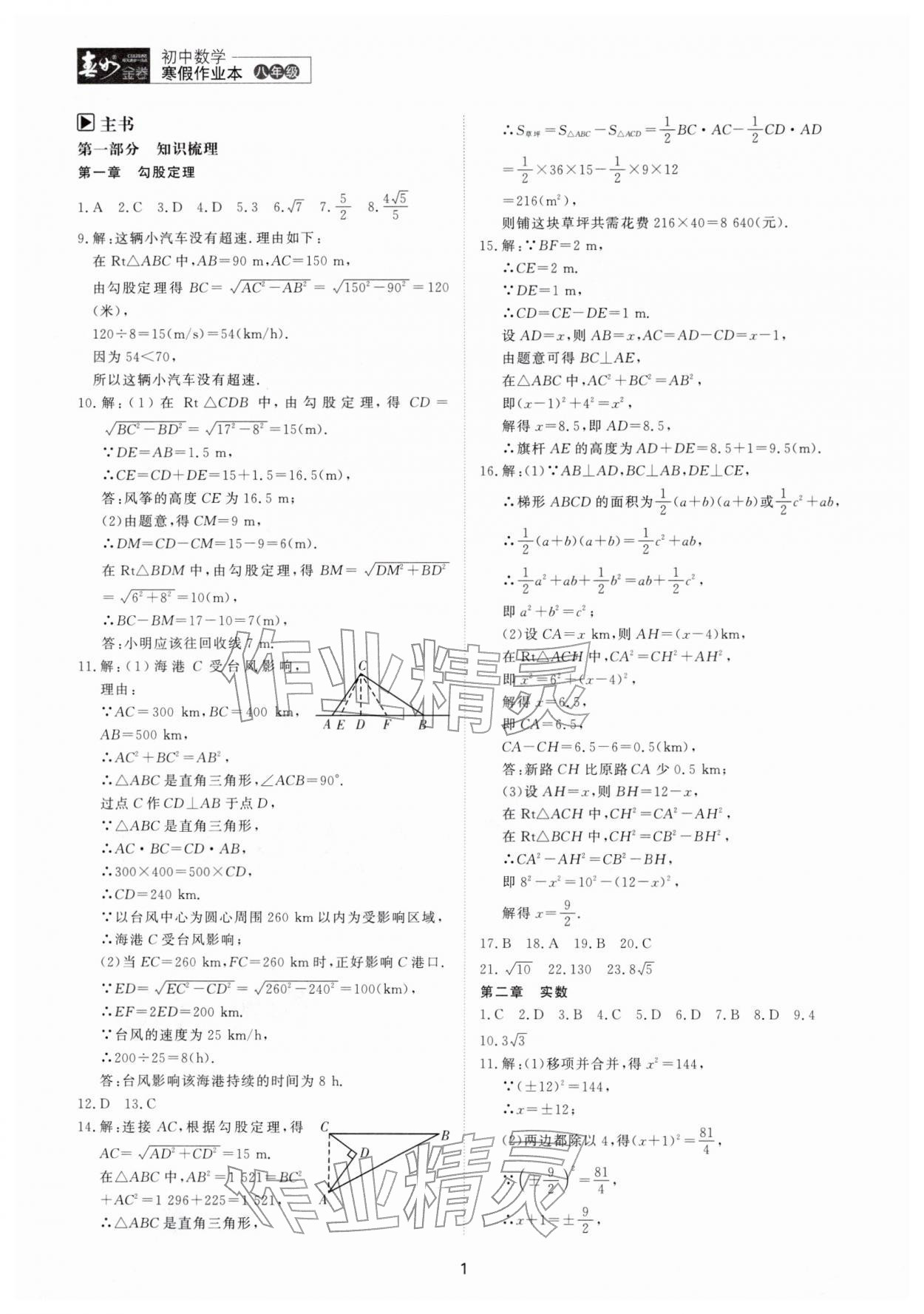 2026年春如金卷數(shù)學(xué)寒假作業(yè)本八年級(jí)&nbsp;參考答案第1頁