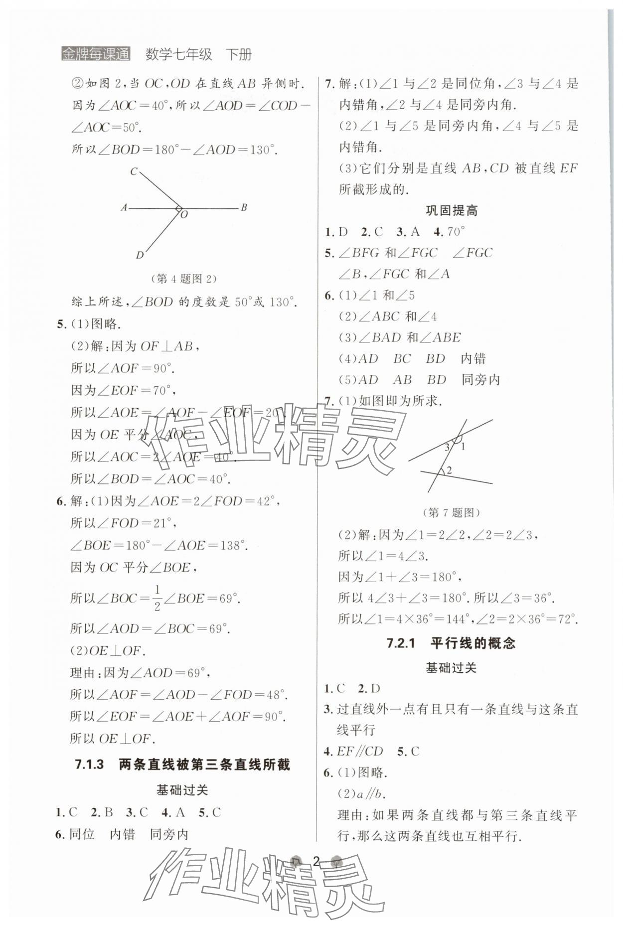 2025年点石成金金牌每课通七年级数学下册人教版辽宁专版 参考答案第2页