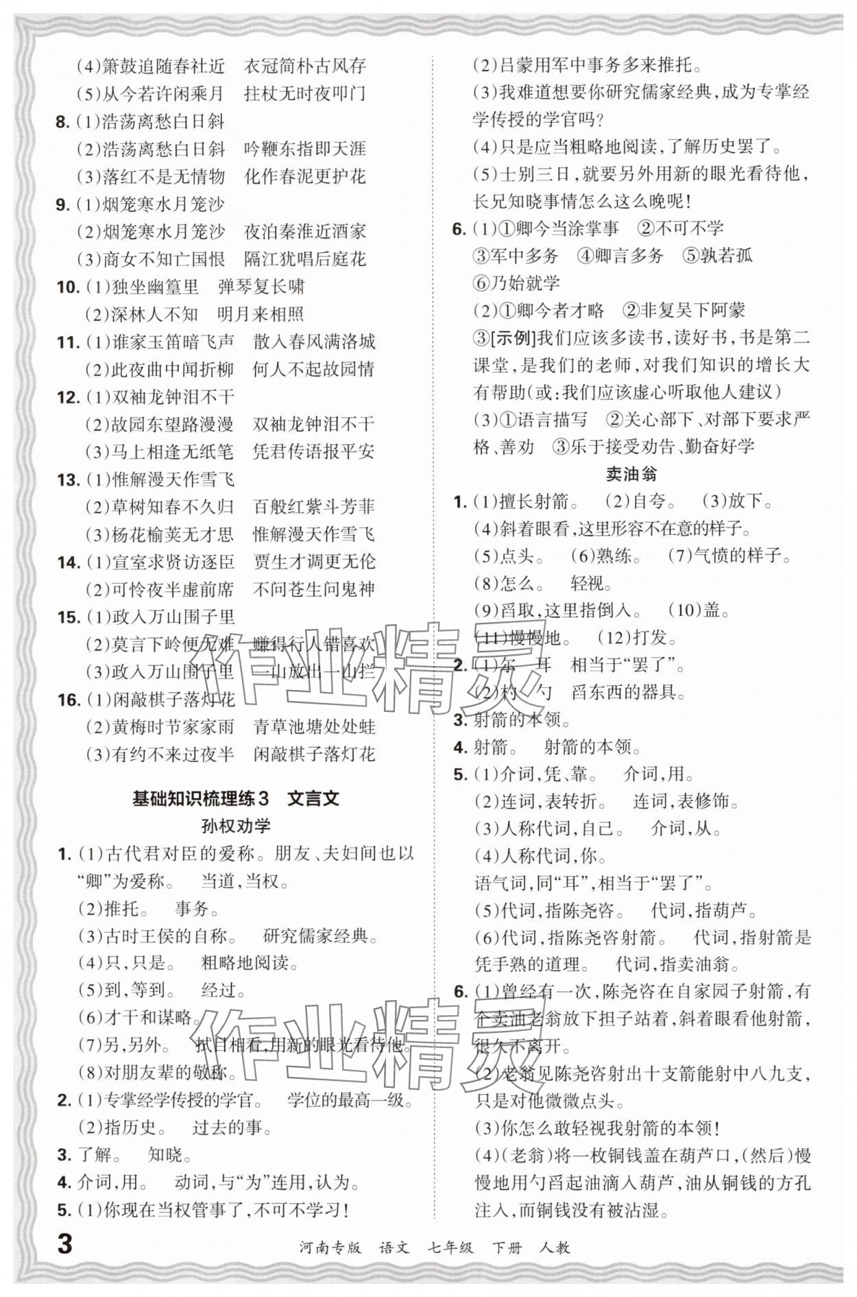 2024年王朝霞各地期末試卷精選七年級語文下冊人教版河南專版 參考答案第3頁