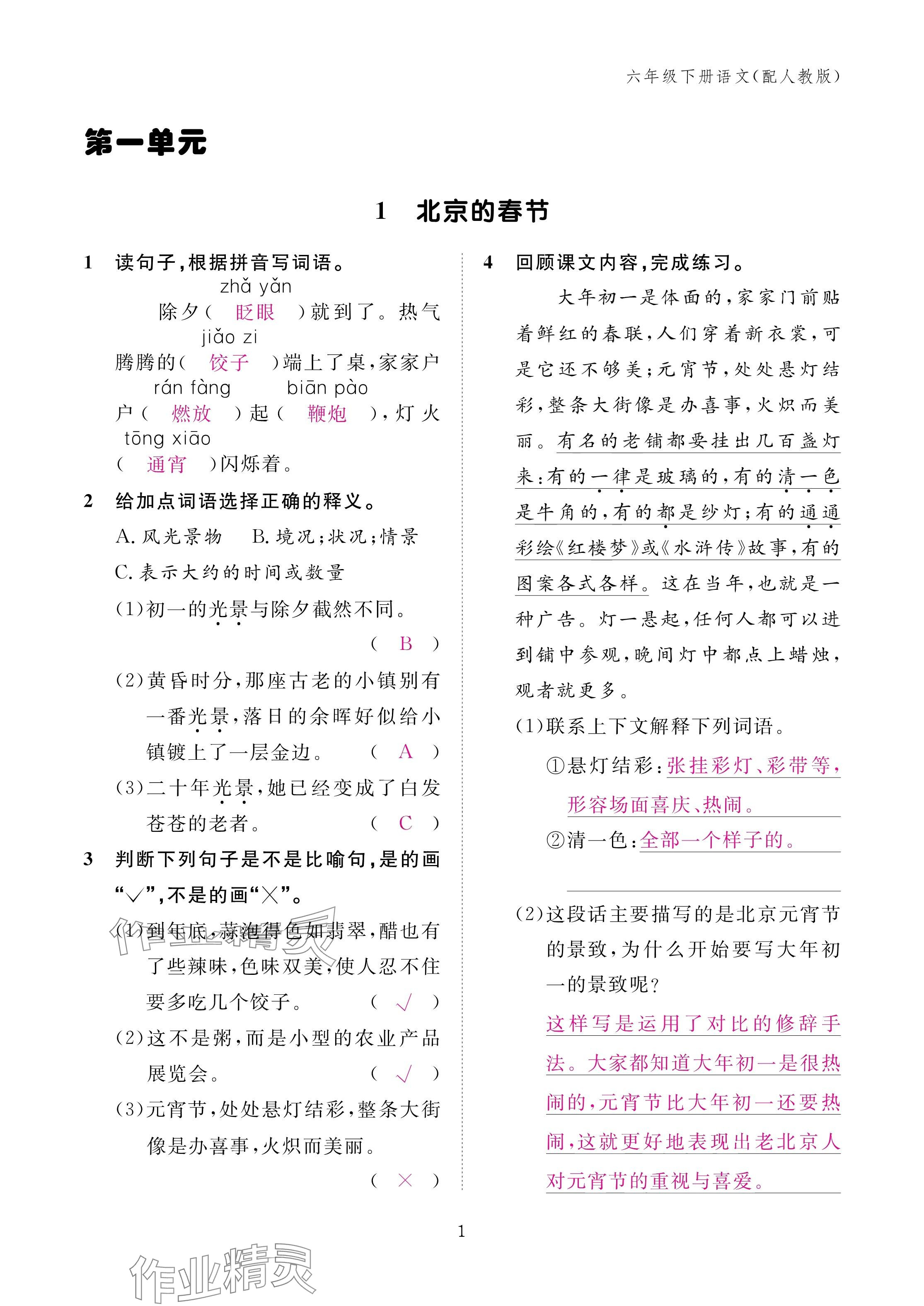2025年作业本江西教育出版社六年级语文下册人教版 参考答案第1页