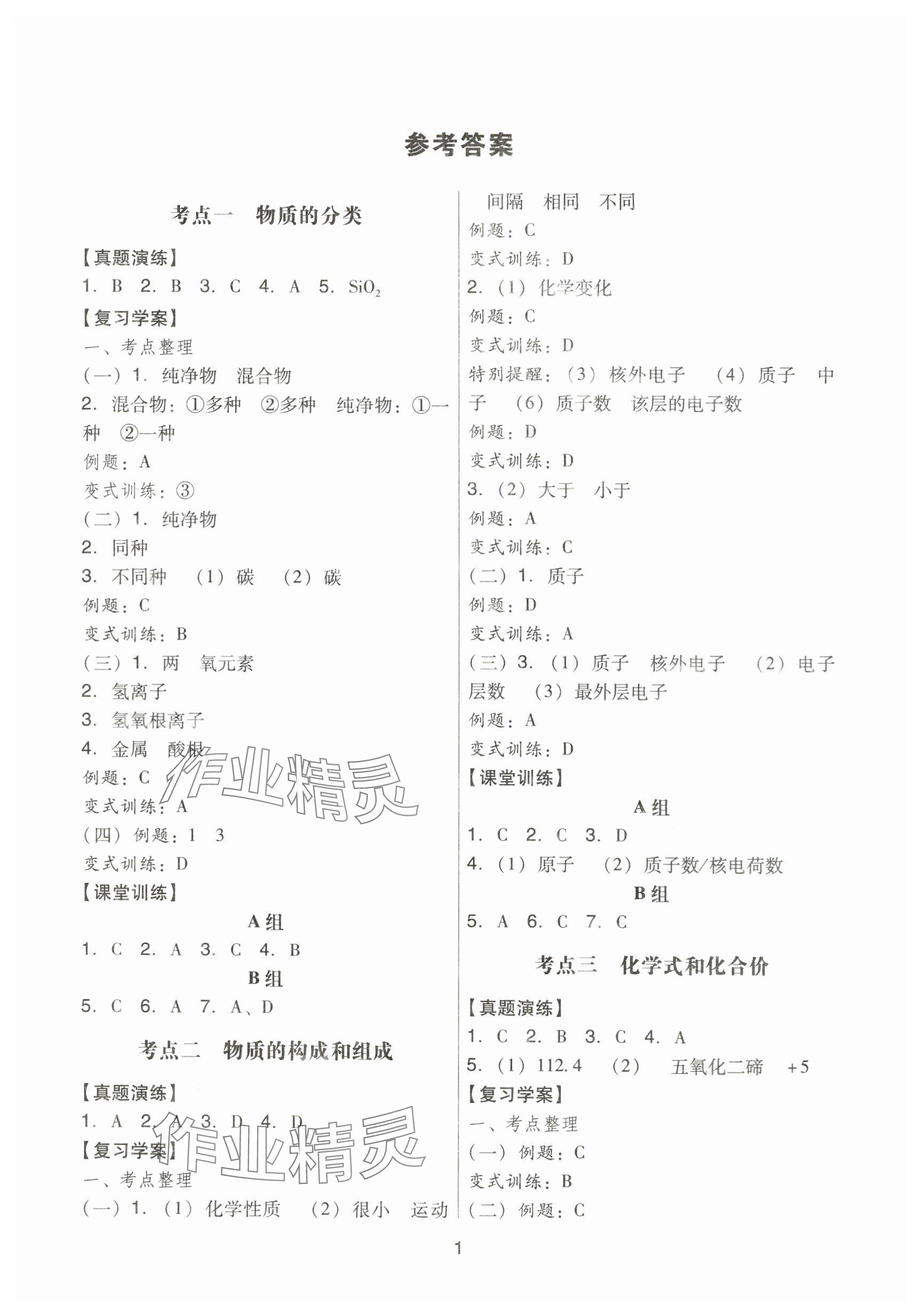 2024年經典中考化學 參考答案第1頁