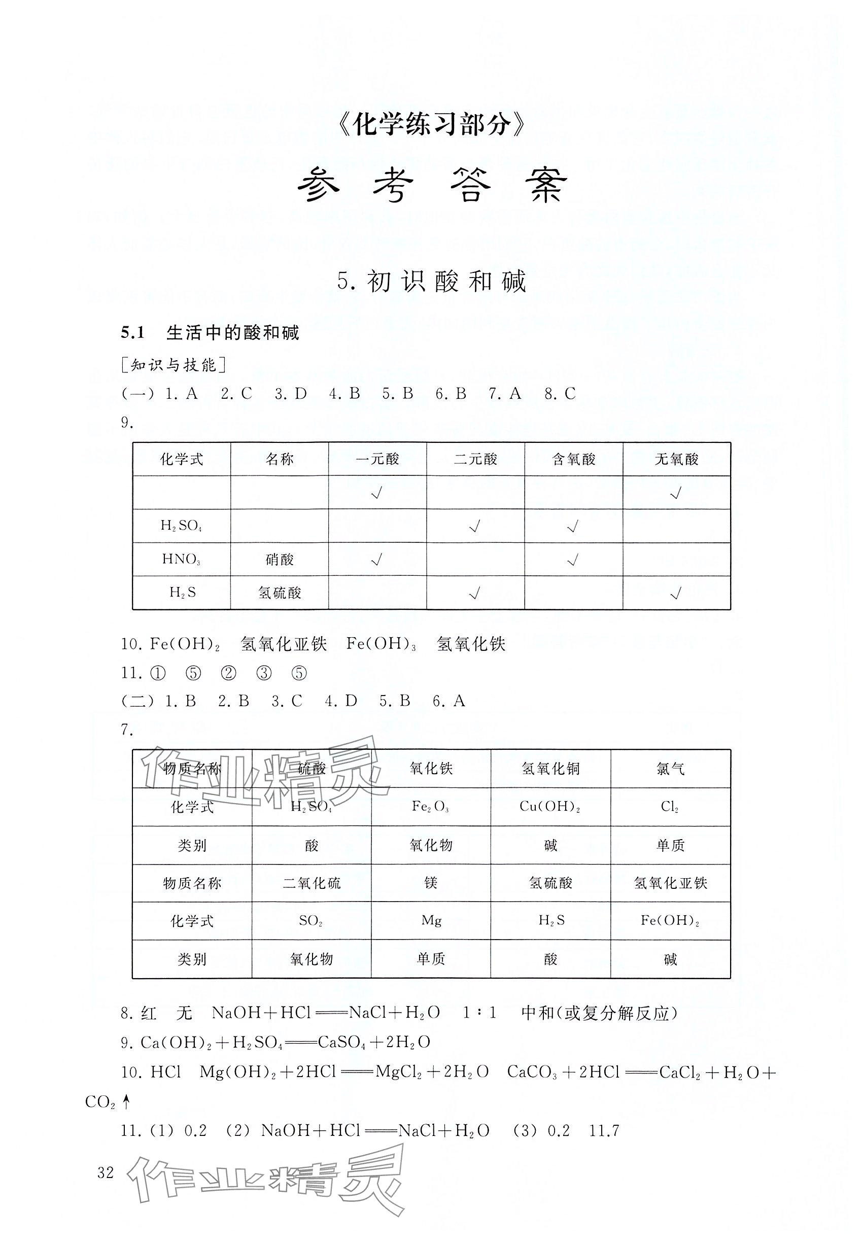 2025年练习部分九年级化学下册沪教版54制 参考答案第1页