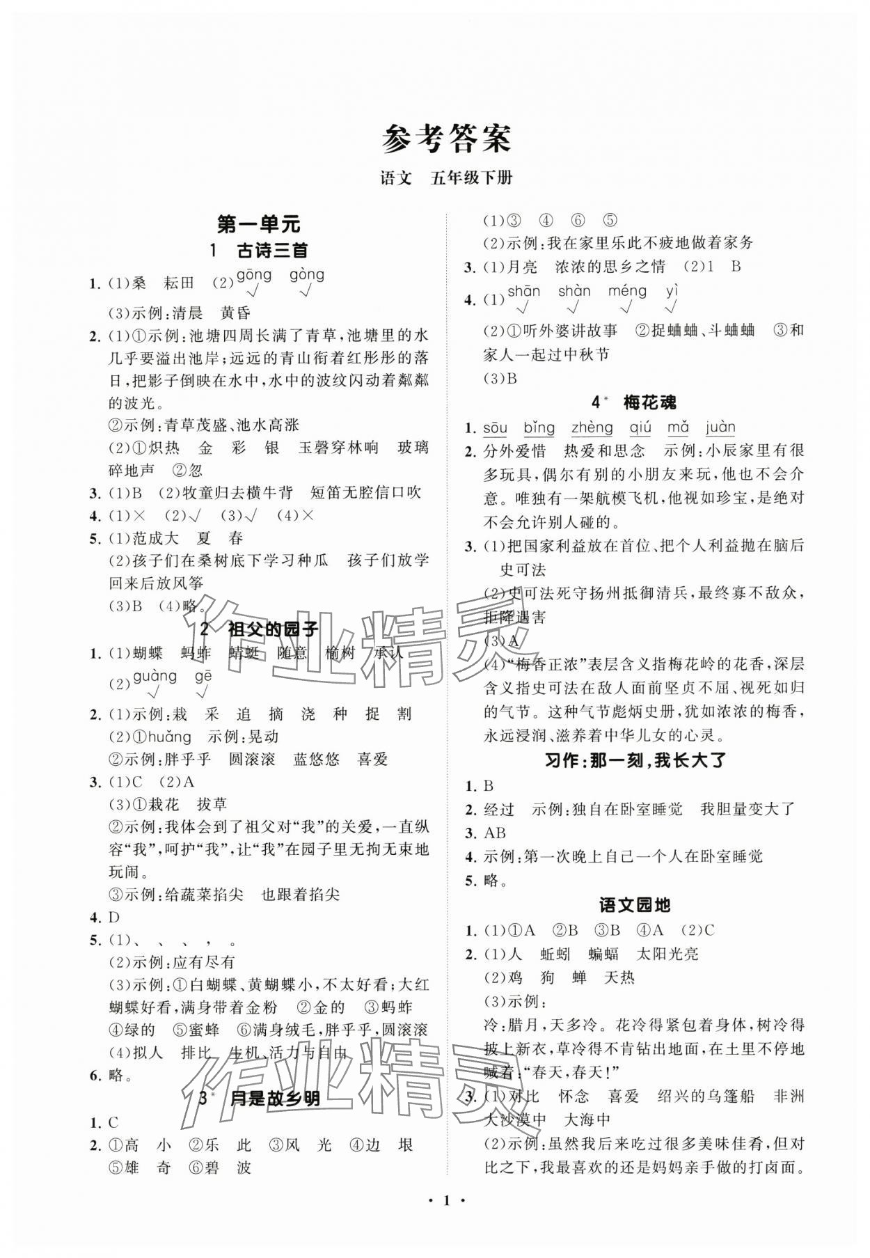 2025年同步練習(xí)冊(cè)分層指導(dǎo)五年級(jí)語(yǔ)文下冊(cè)人教版 參考答案第1頁(yè)