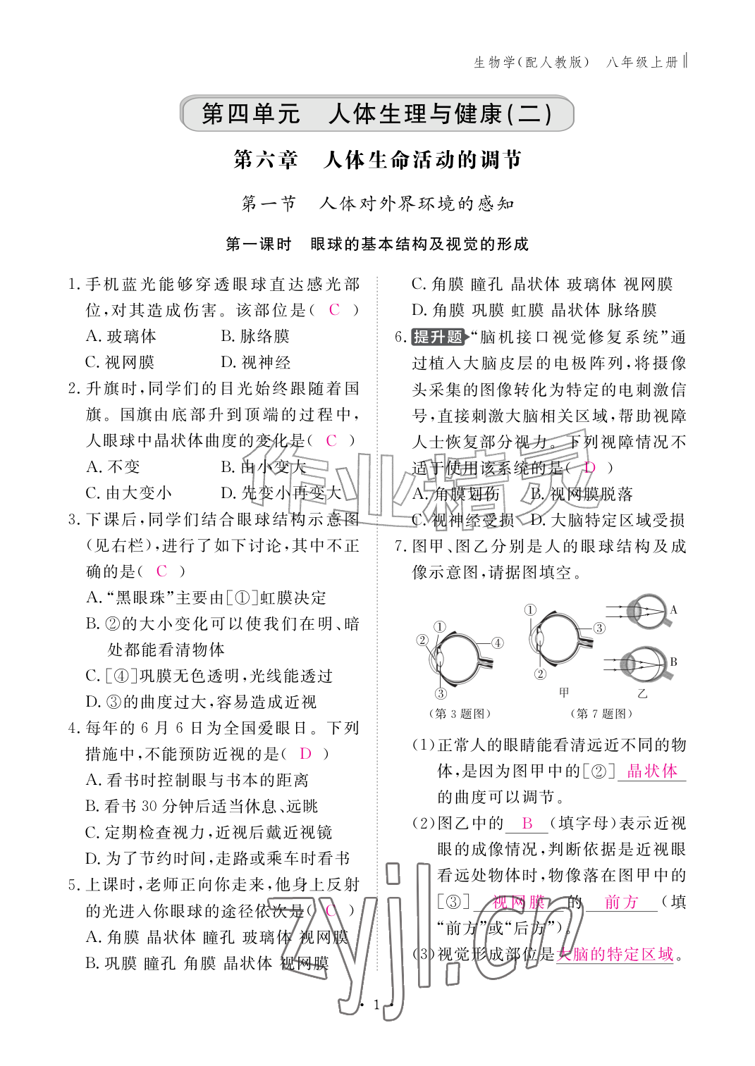 2026年作业本江西教育出版社八年级生物上册人教版&nbsp;参考答案第1页